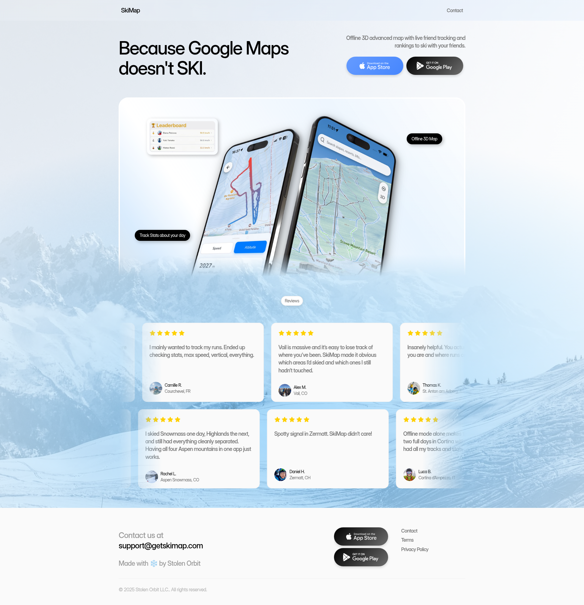Landing page screenshot for getskimap.com, 1920 by 1987 pixels