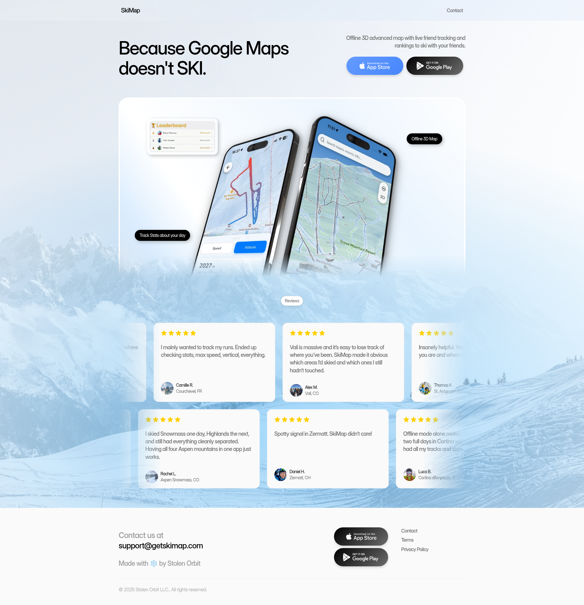 Landing page screenshot for getskimap.com, 1920 by 1987 pixels