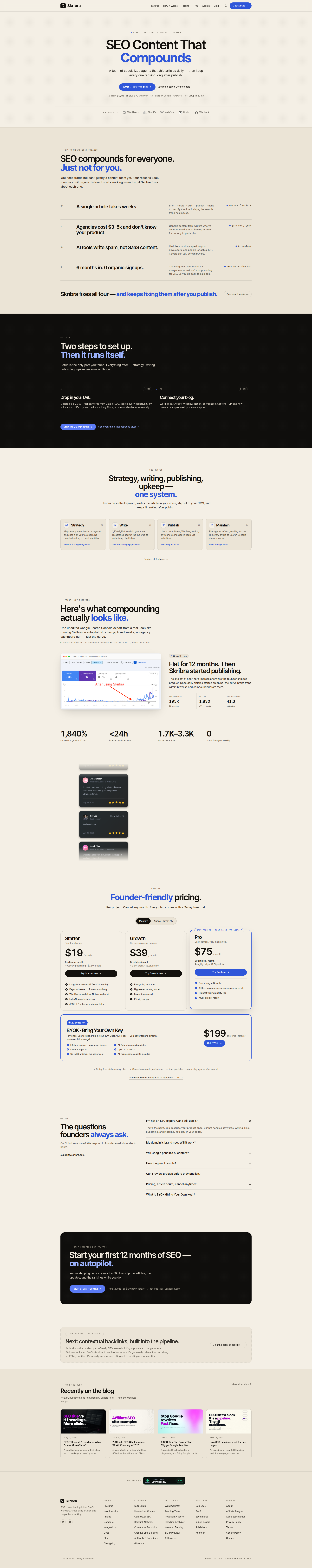Landing page screenshot for skribra.com, 1920 by 9653 pixels