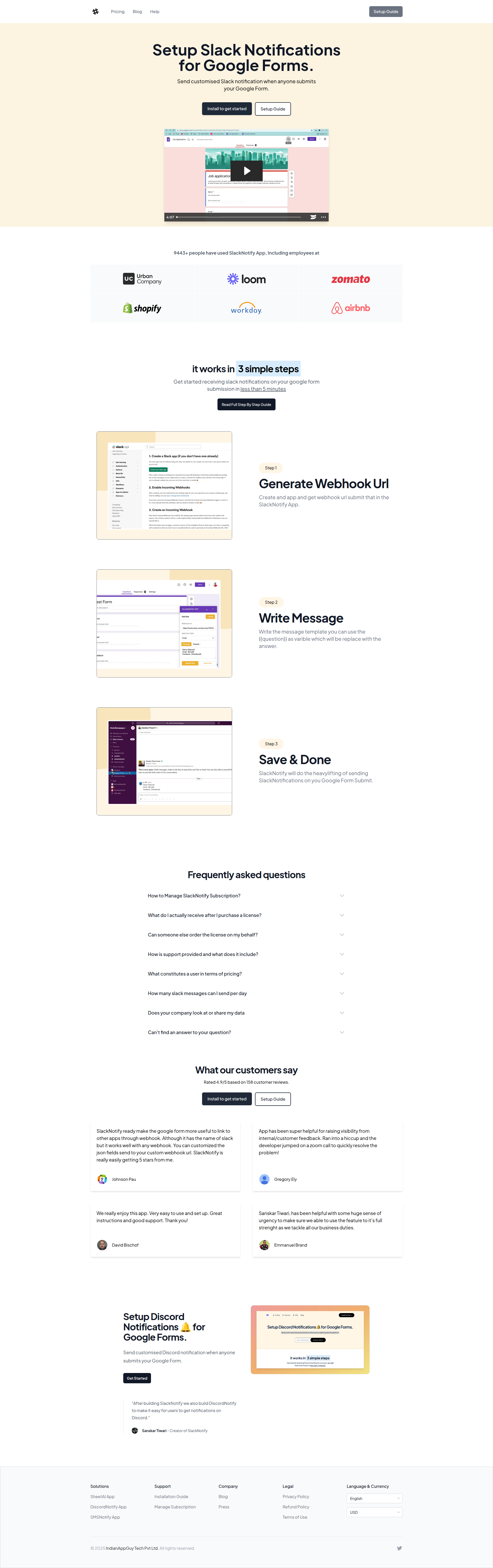 Landing page screenshot for slacknotify.app, 1920 by 6103 pixels