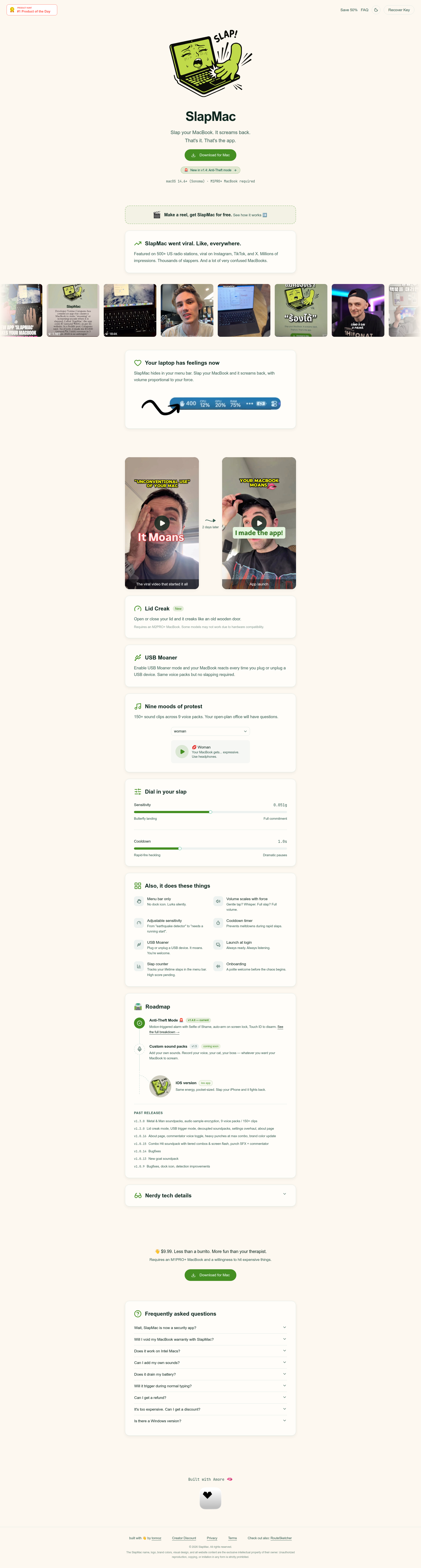 Landing page screenshot for slapmac.com, 1920 by 7133 pixels