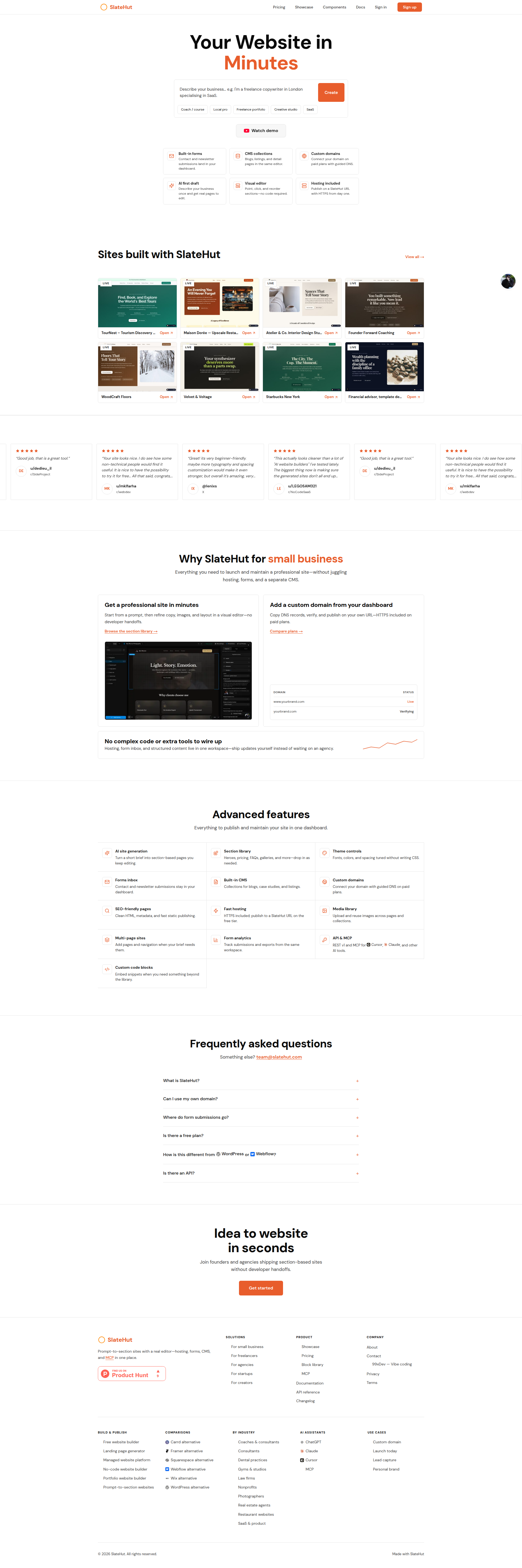 Landing page screenshot for slatehut.com, 1920 by 5759 pixels