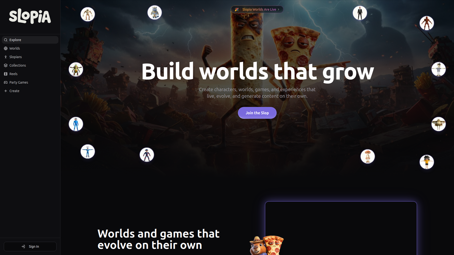 Landing page screenshot for slopia.io, 1920 by 1080 pixels