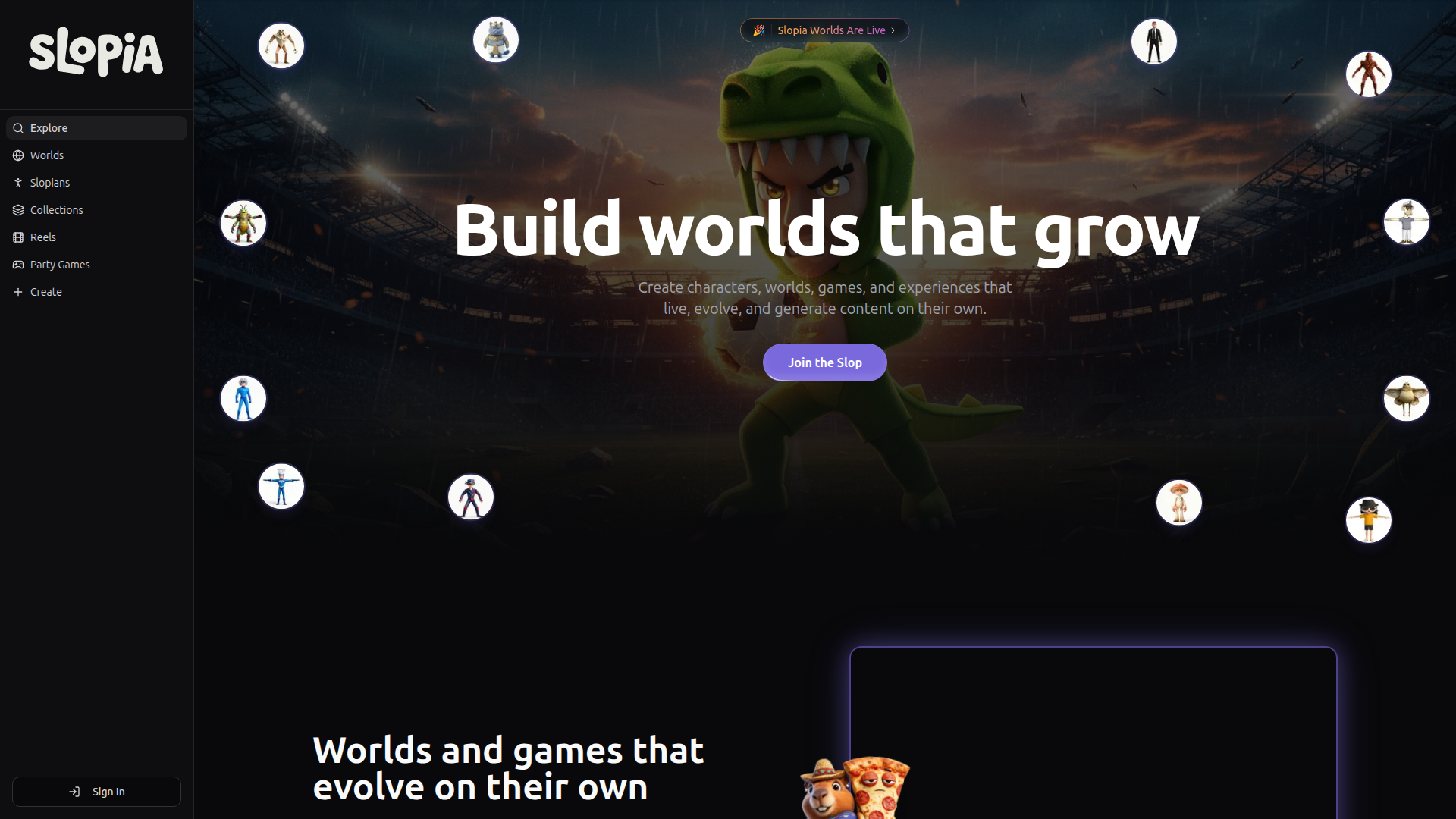 Landing page screenshot for slopia.io, 1920 by 1080 pixels