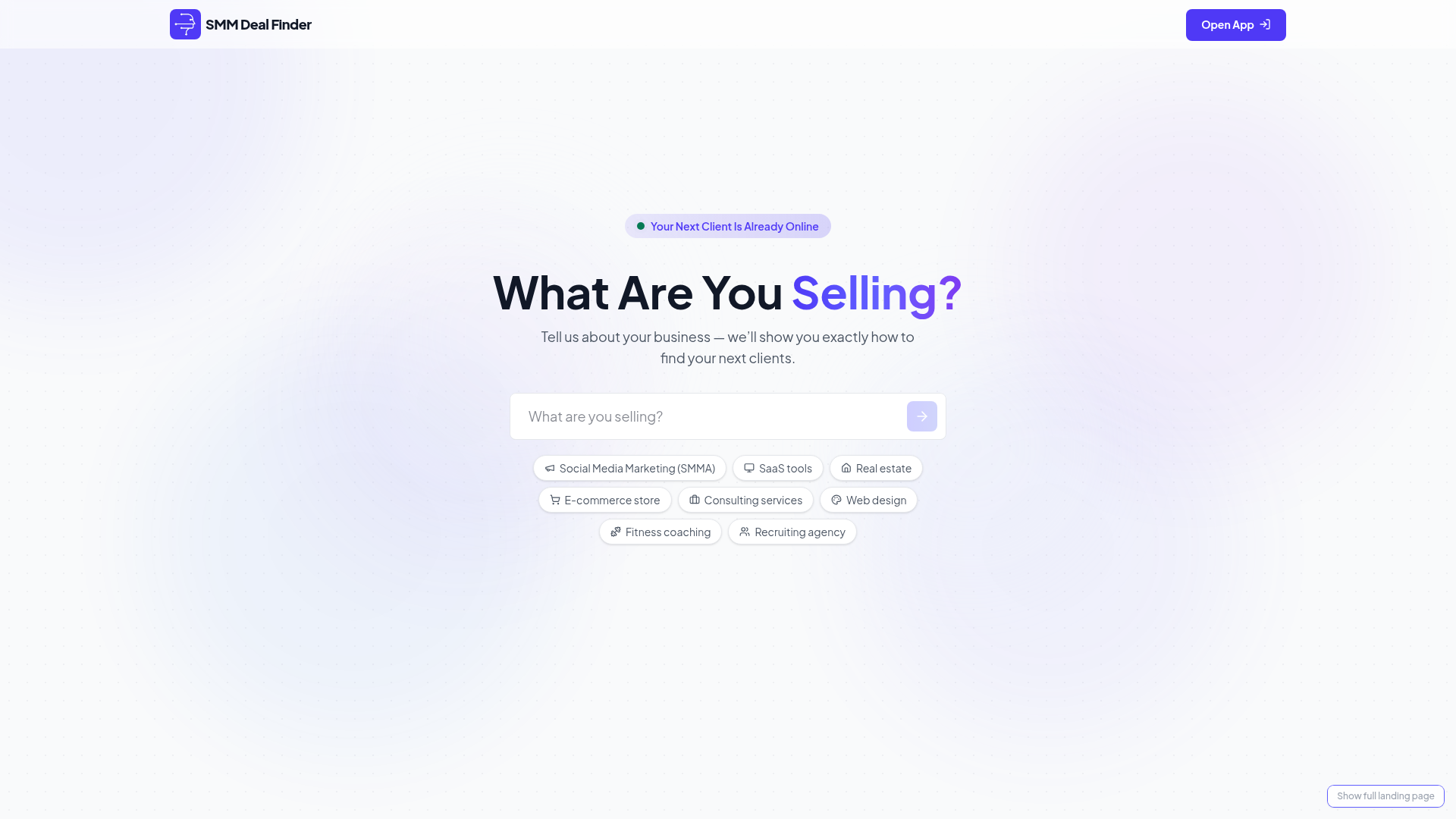 Landing page screenshot for smmdealfinder.com, 1920 by 1080 pixels