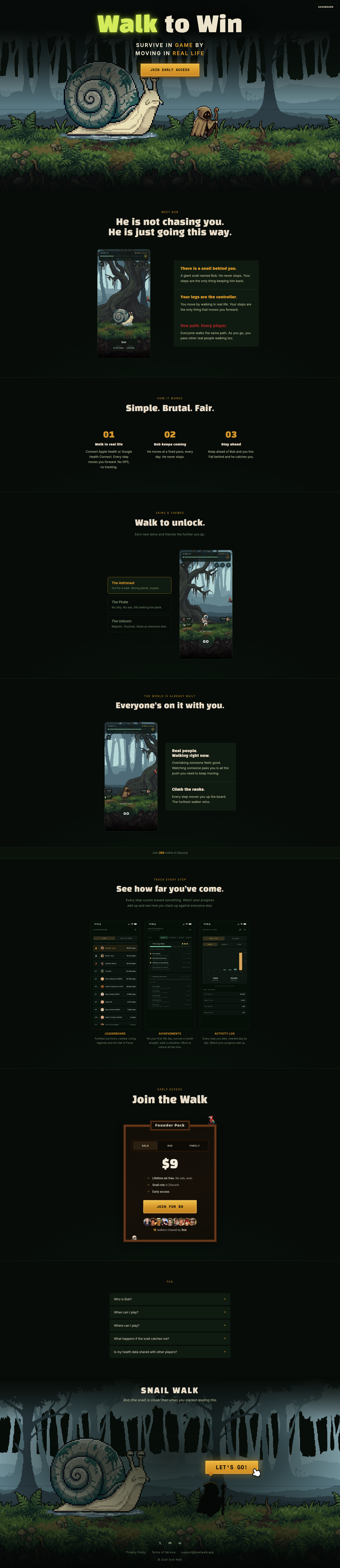 Landing page screenshot for snailwalk.app, 1920 by 8856 pixels