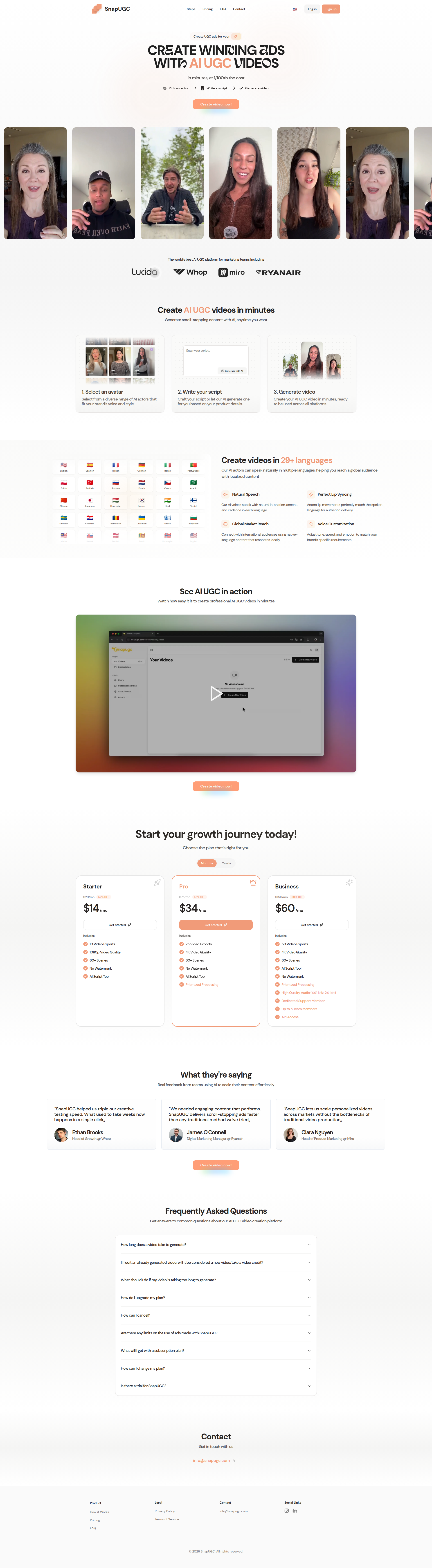 Landing page screenshot for snapugc.com, 1920 by 6973 pixels