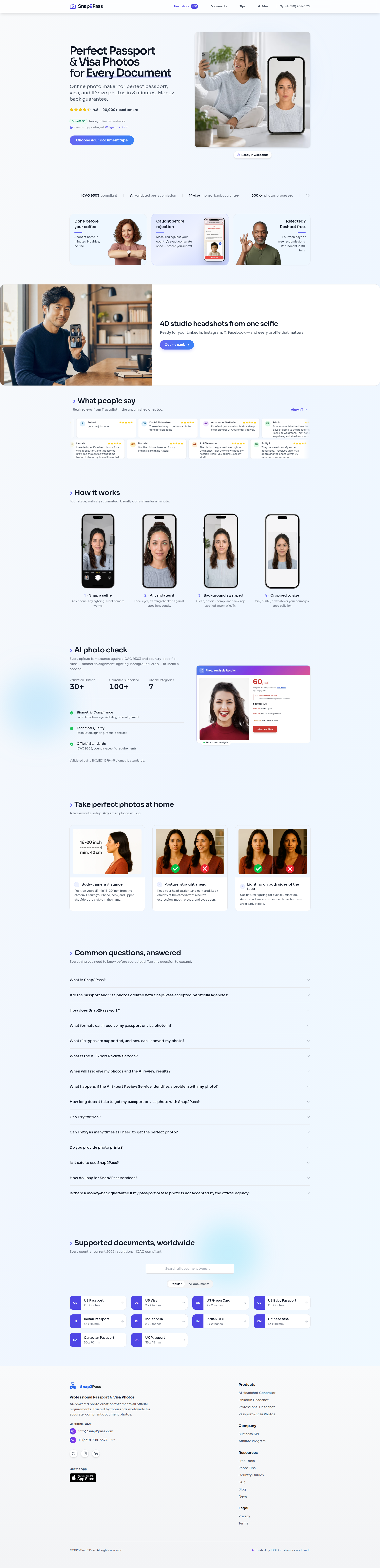 Landing page screenshot for snap2pass.com, 1920 by 7927 pixels