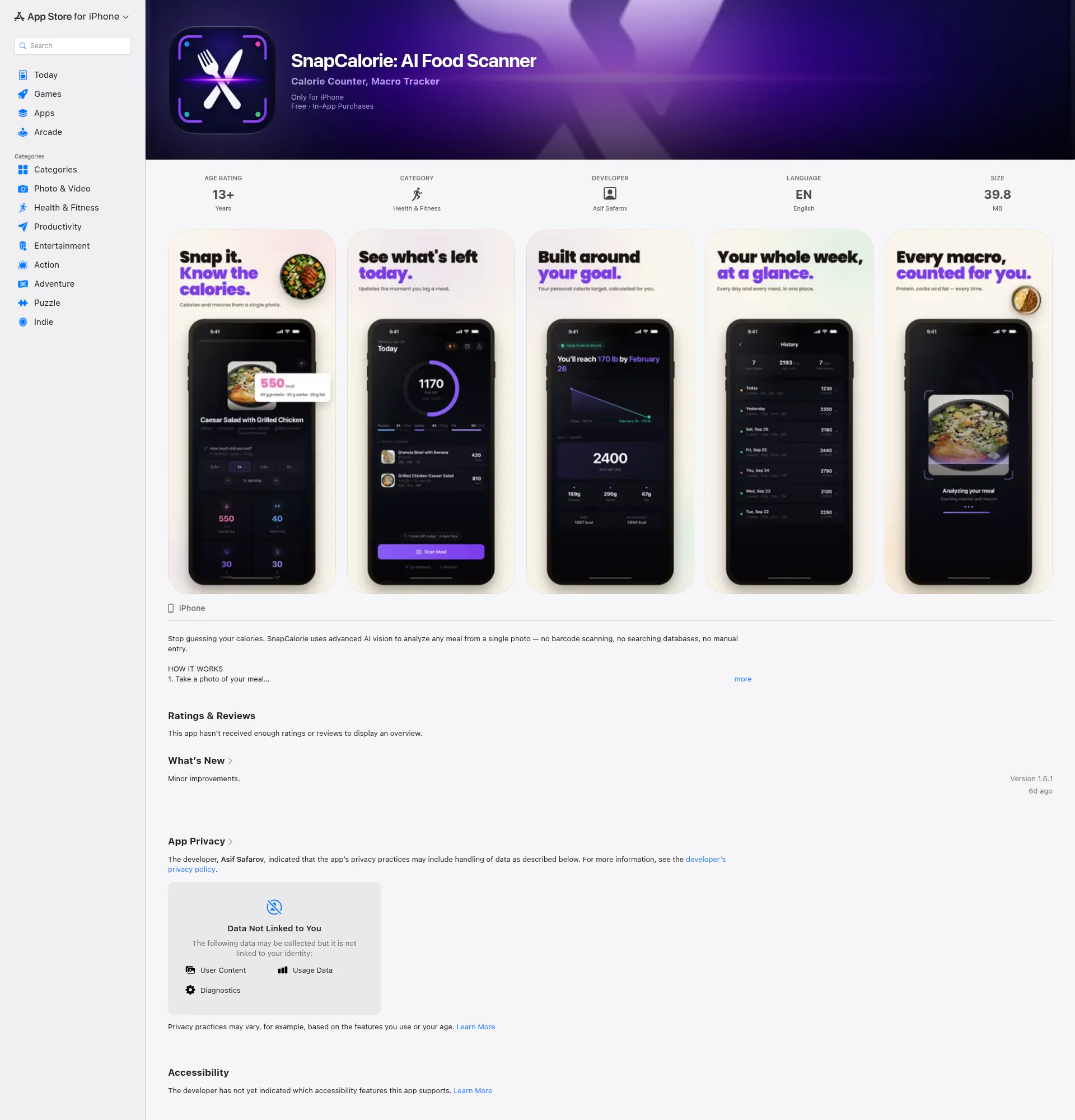 SnapCalorie: AI Food Scanner landing page
