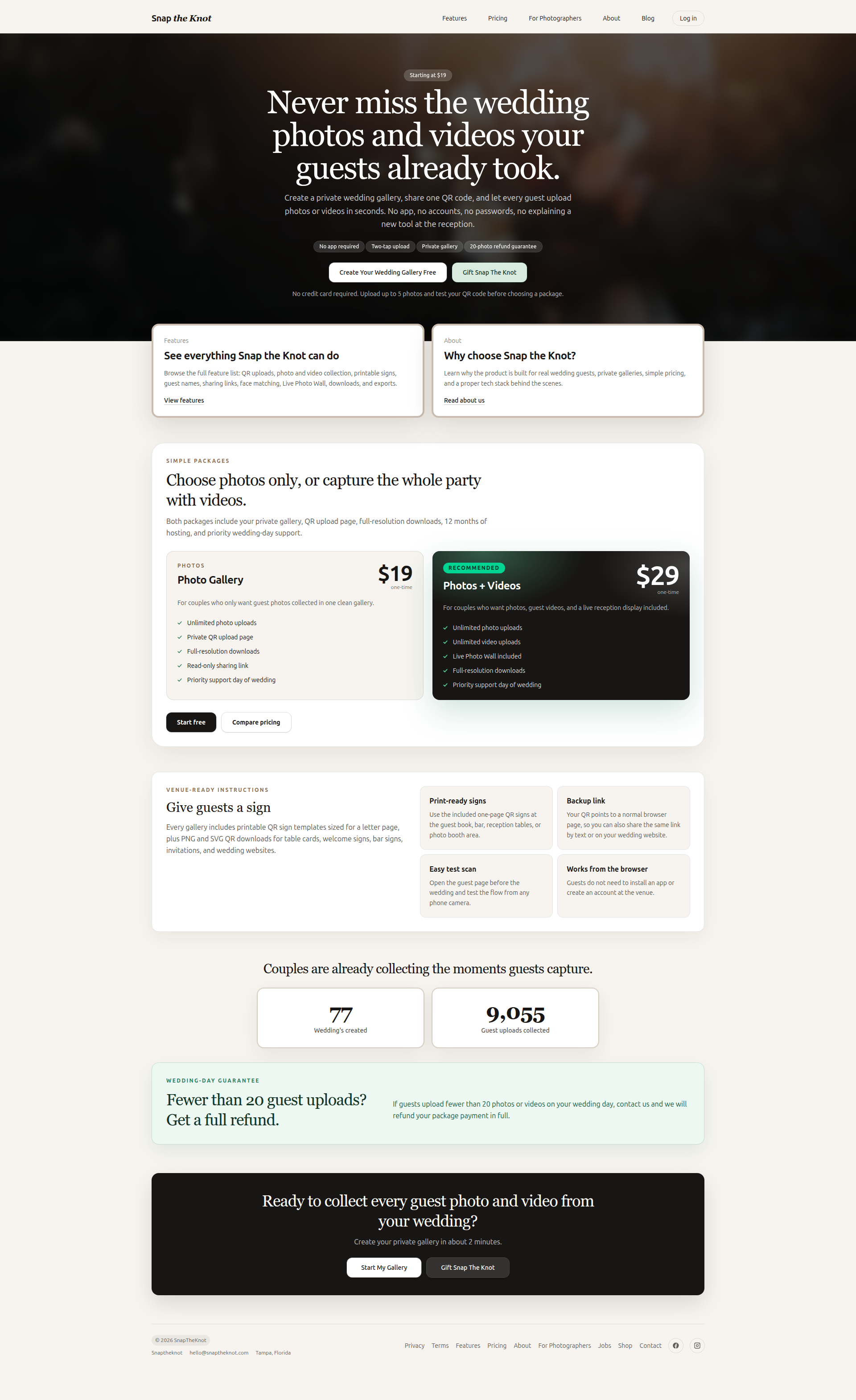 Landing page screenshot for snaptheknot.com, 1920 by 3140 pixels