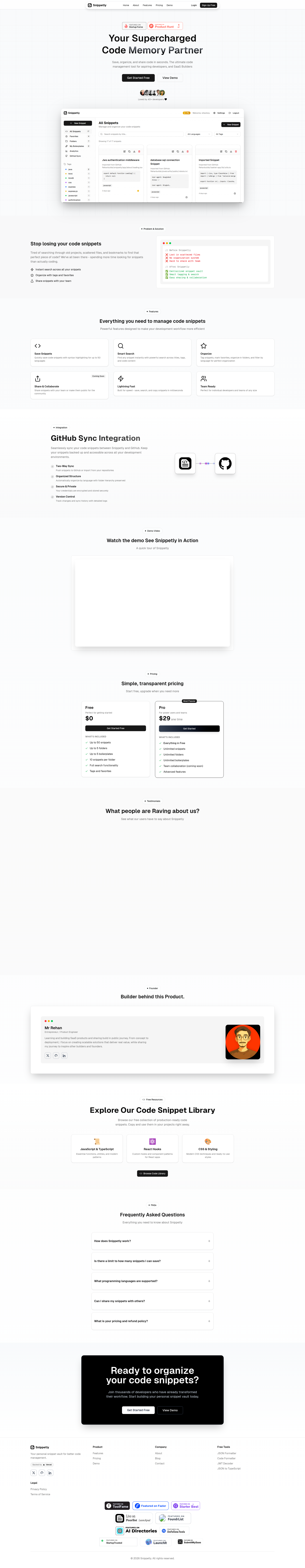 Landing page screenshot for snippetly.xyz, 1920 by 9865 pixels
