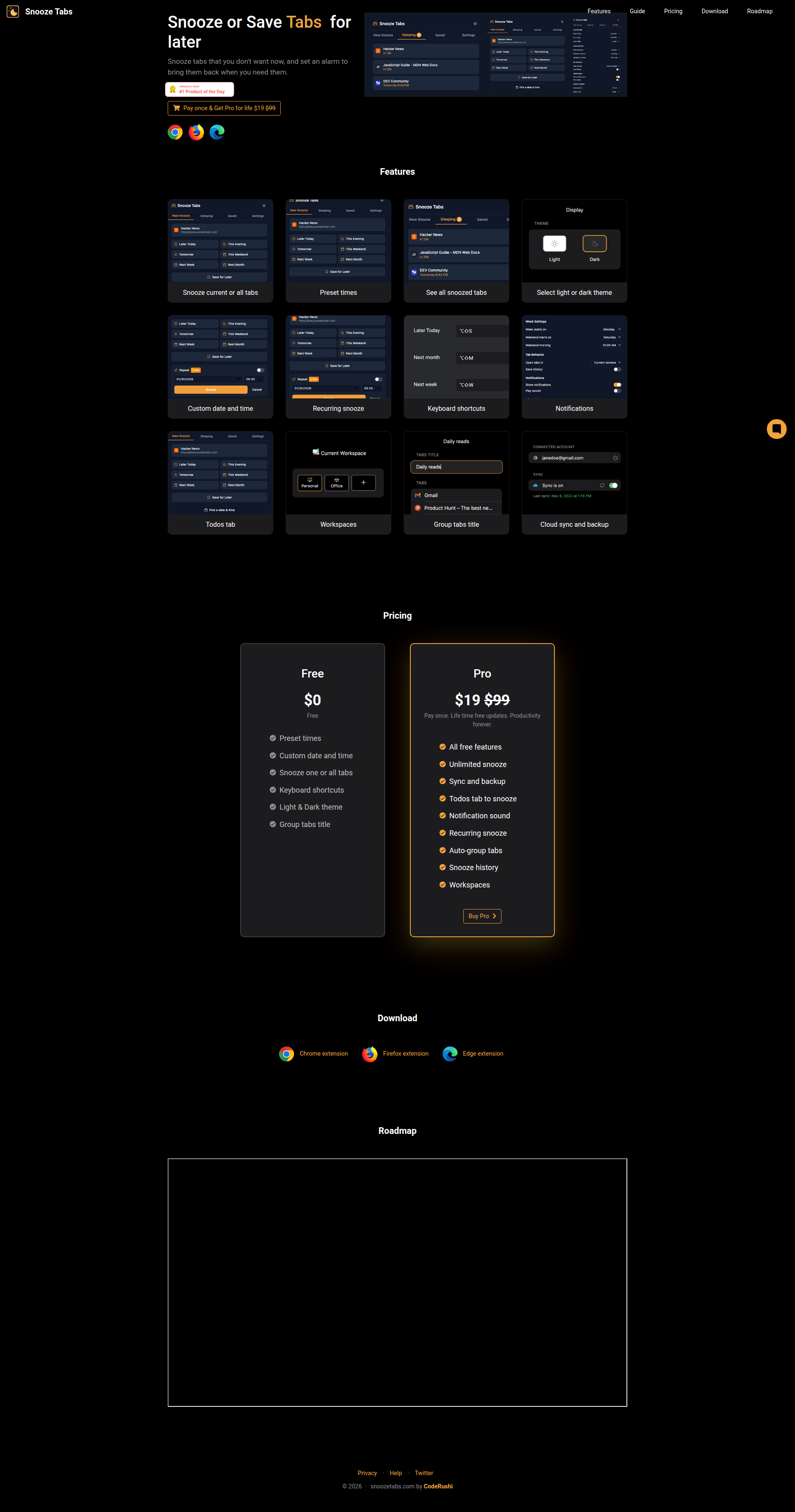 Landing page screenshot for snoozetabs.com, 1920 by 3651 pixels