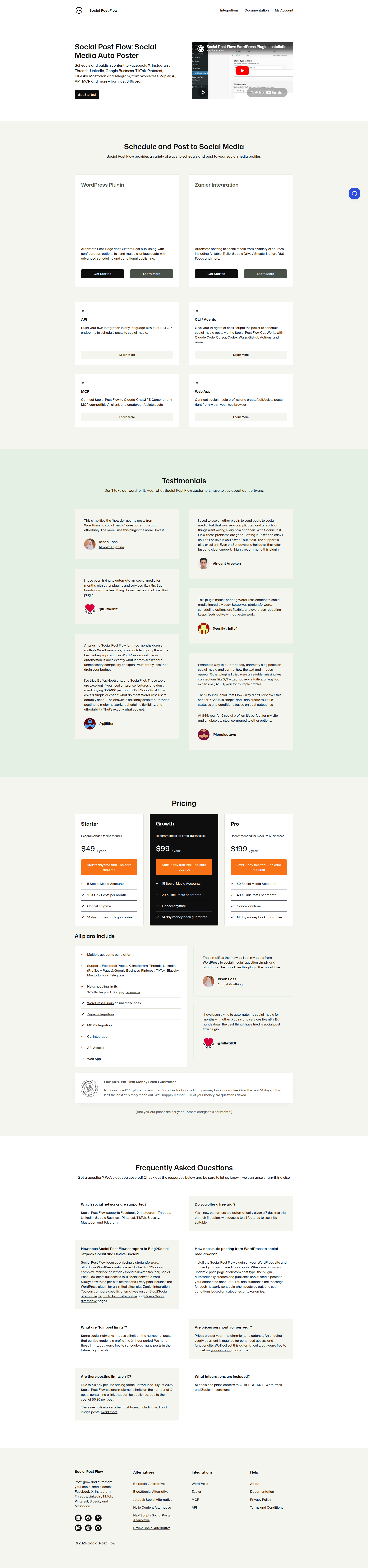 Landing page screenshot for socialpostflow.com, 1920 by 8185 pixels