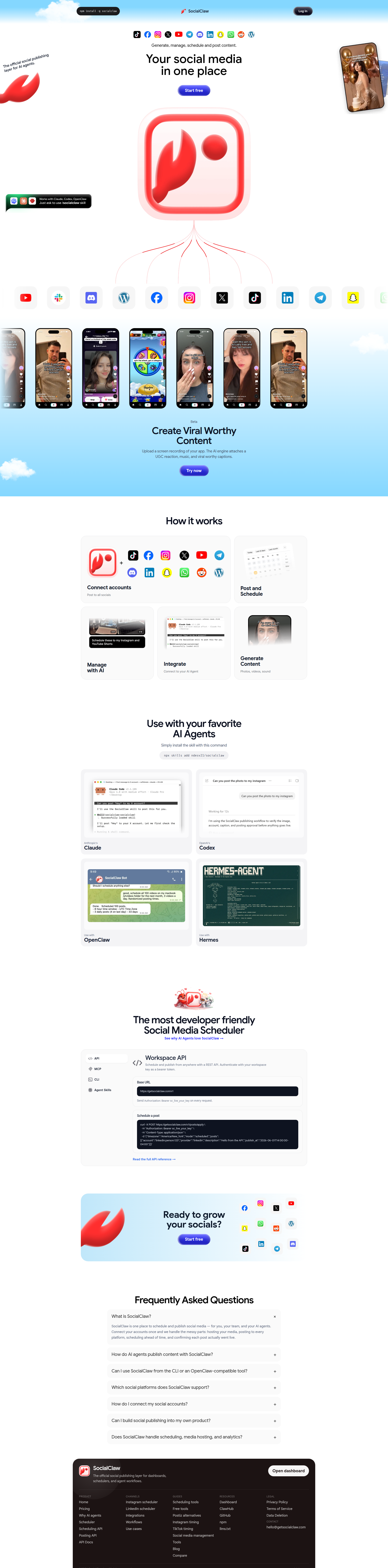 Landing page screenshot for getsocialclaw.com, 1920 by 7746 pixels