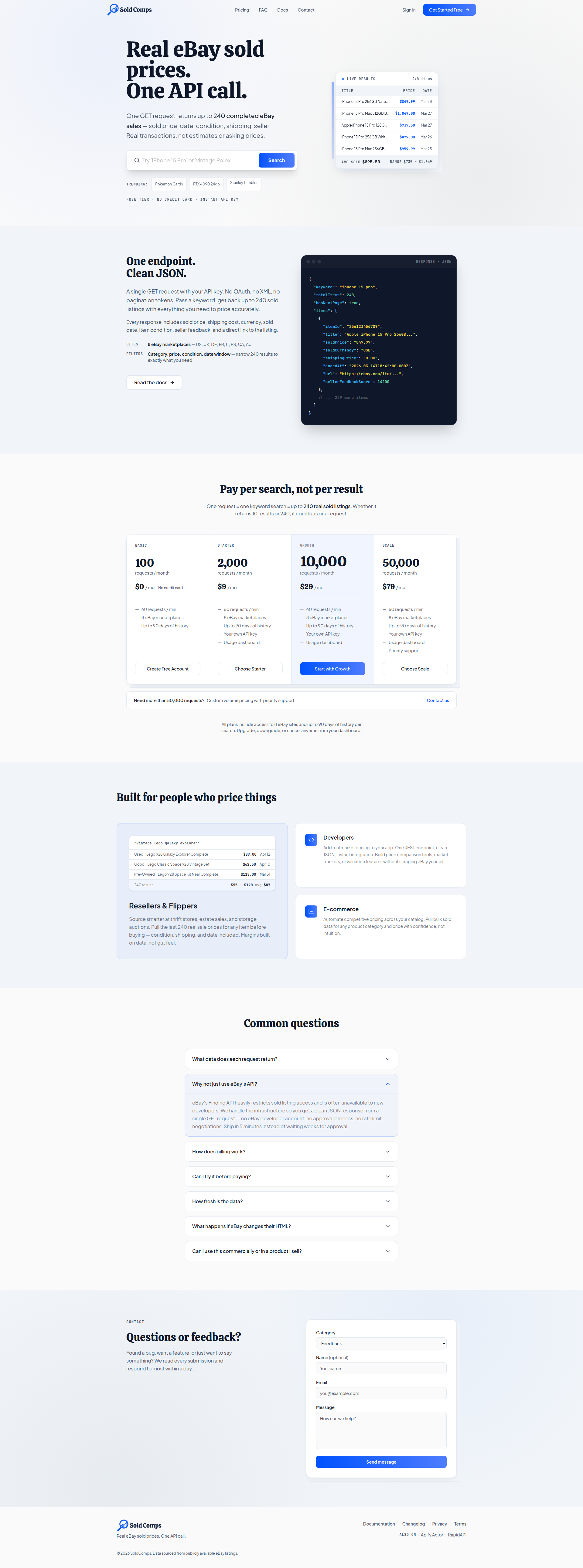 Landing page screenshot for sold-comps.com, 1920 by 5166 pixels