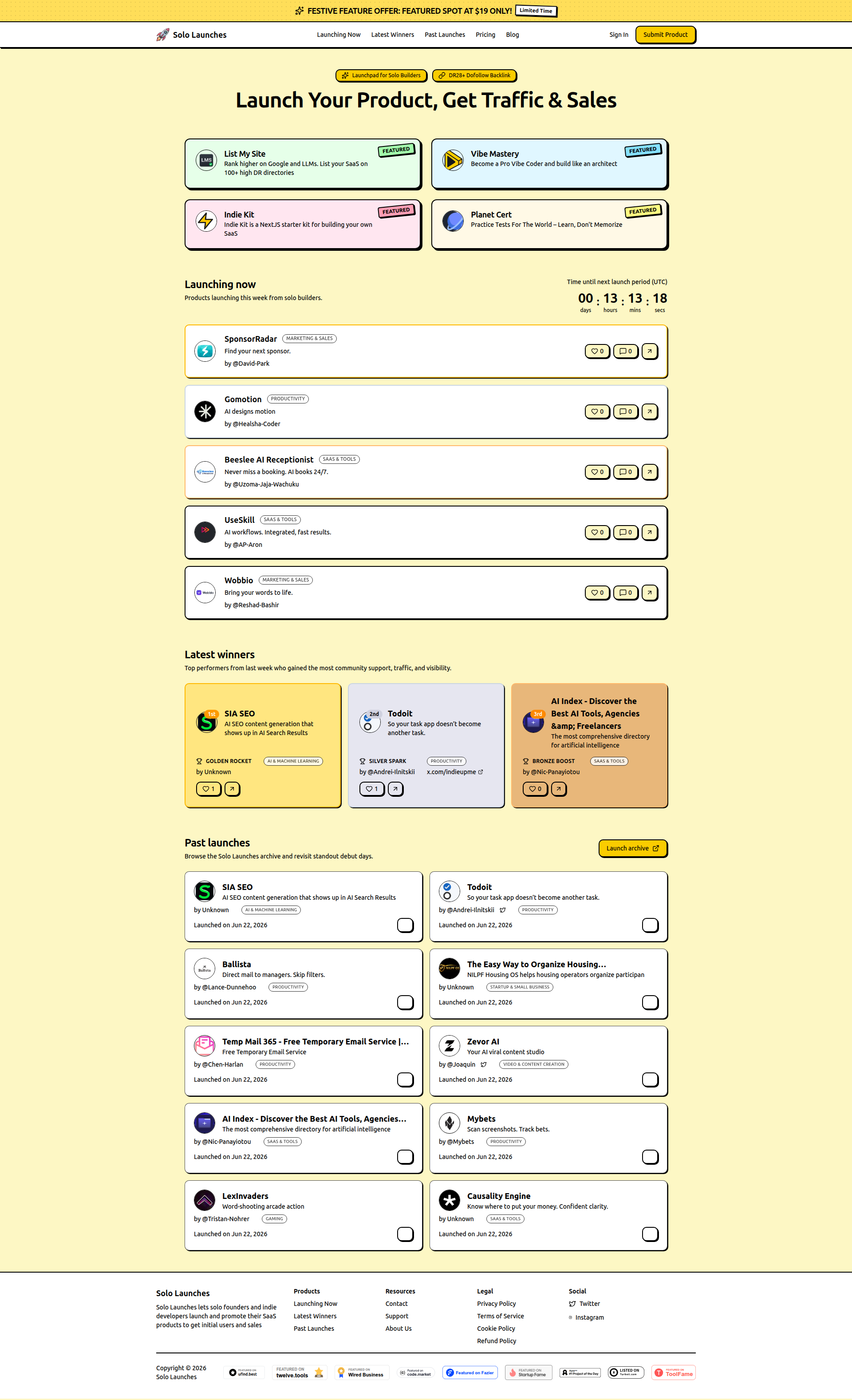 Landing page screenshot for sololaunches.com, 1920 by 3154 pixels