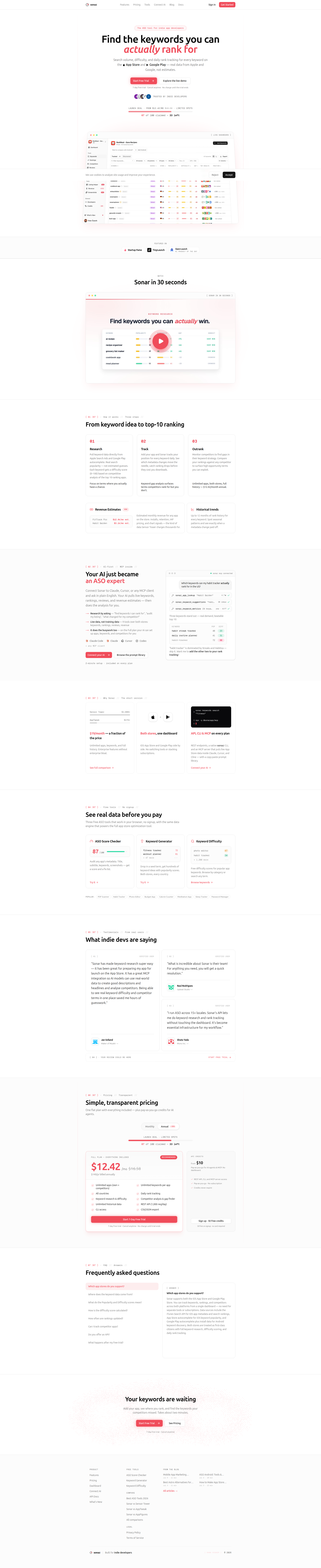 Landing page screenshot for trysonar.app, 1920 by 9370 pixels