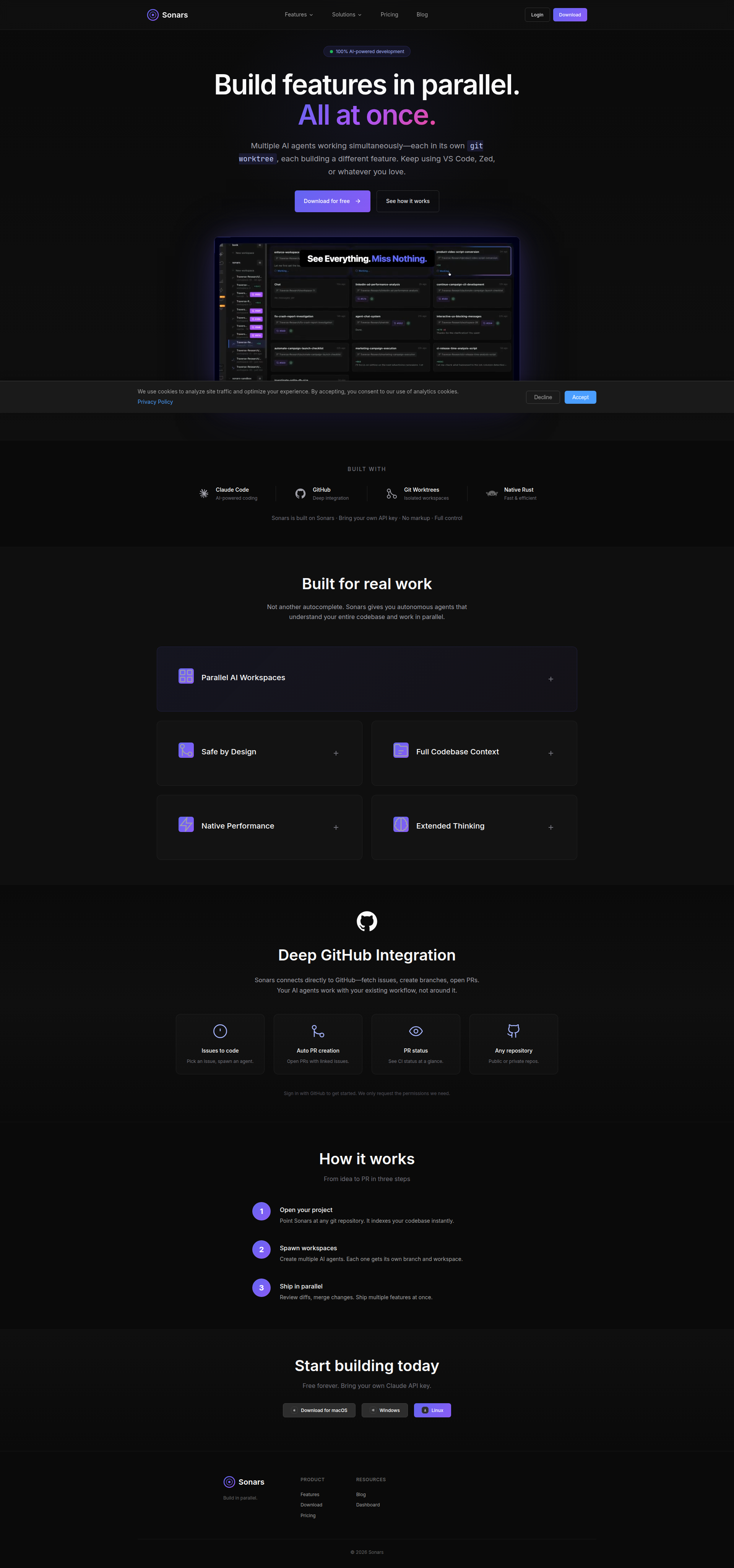 Landing page screenshot for sonars.dev, 1920 by 4101 pixels
