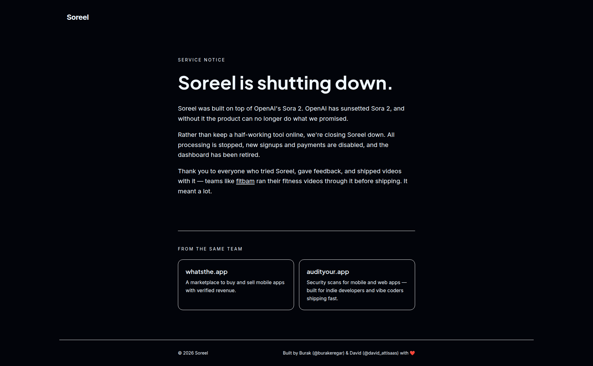 Landing page screenshot for soreel.app, 1920 by 1185 pixels
