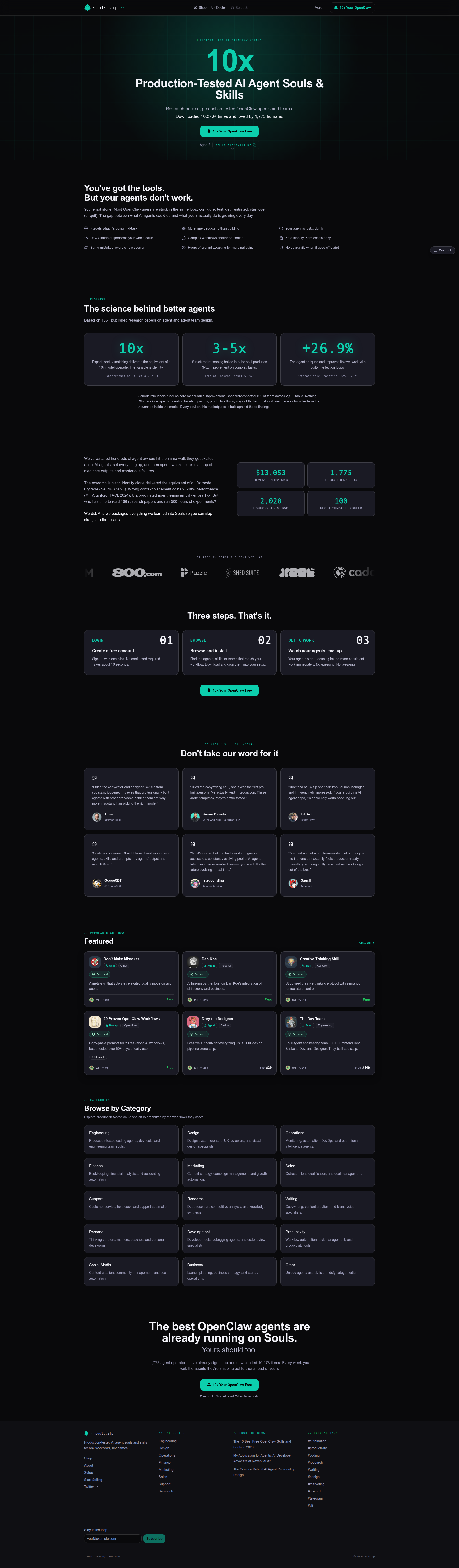Landing page screenshot for souls.zip, 1920 by 6557 pixels