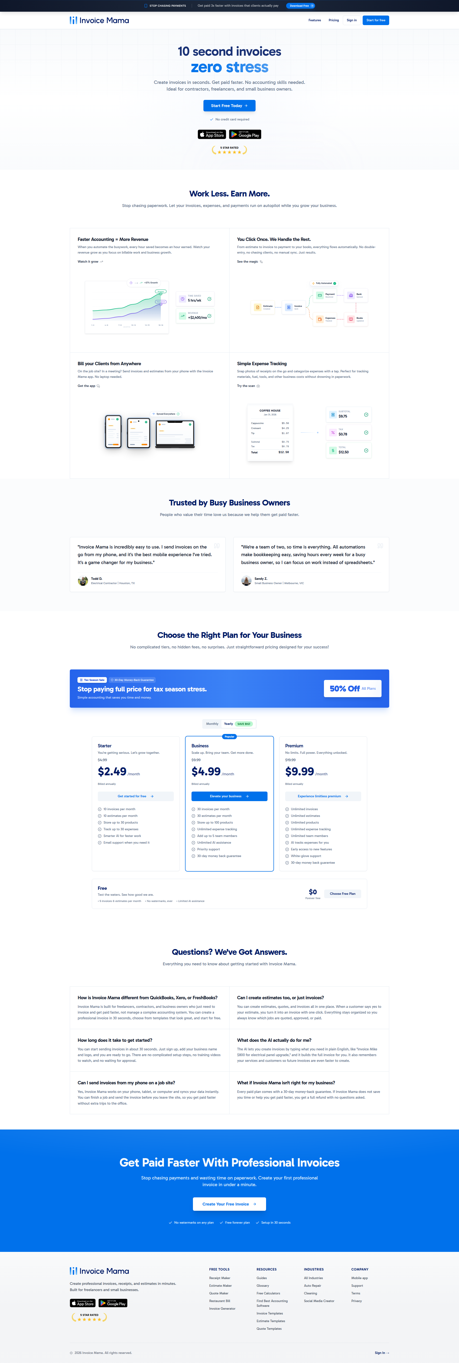 Landing page screenshot for invoicemama.com, 1920 by 5703 pixels