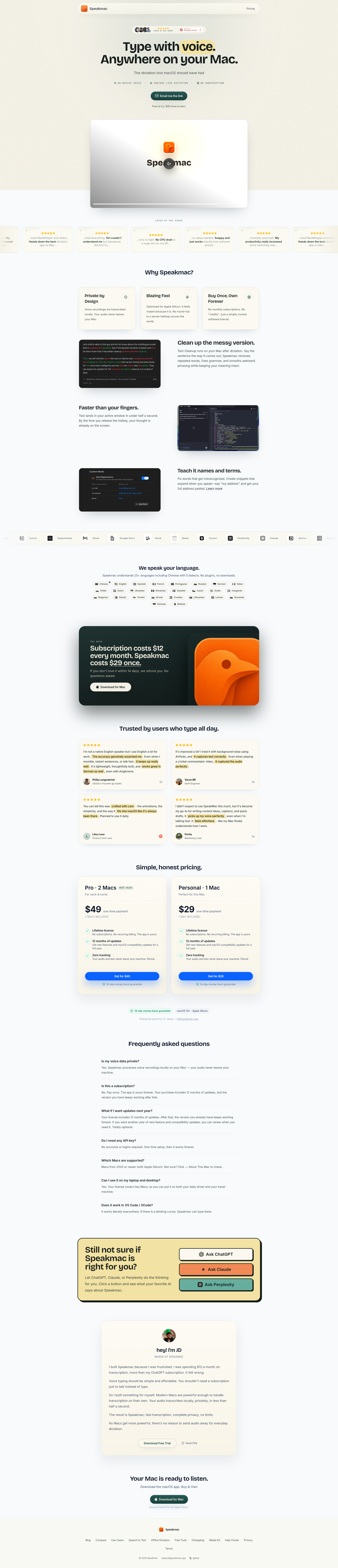 Landing page screenshot for speakmac.app, 1920 by 8908 pixels