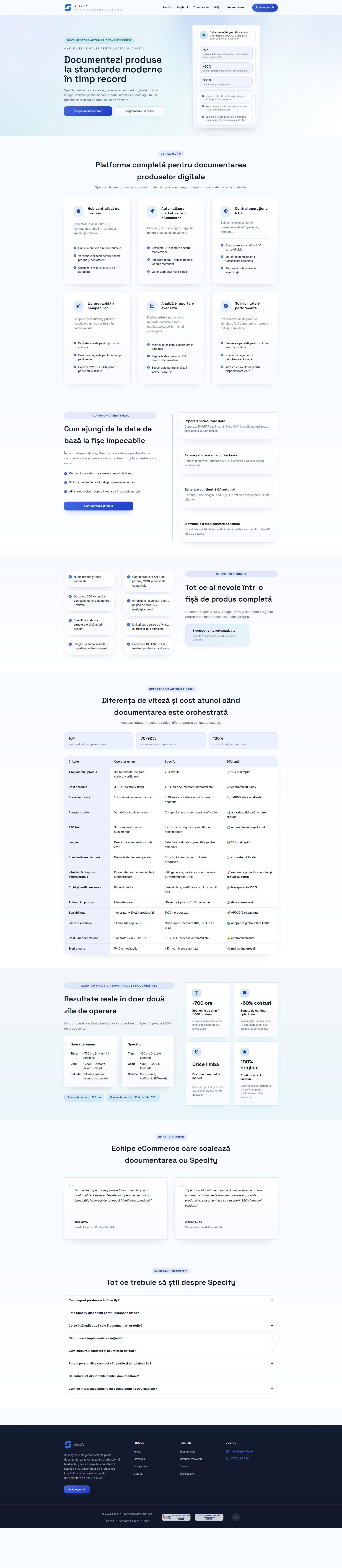 Landing page screenshot for specify.ro, 1920 by 8813 pixels