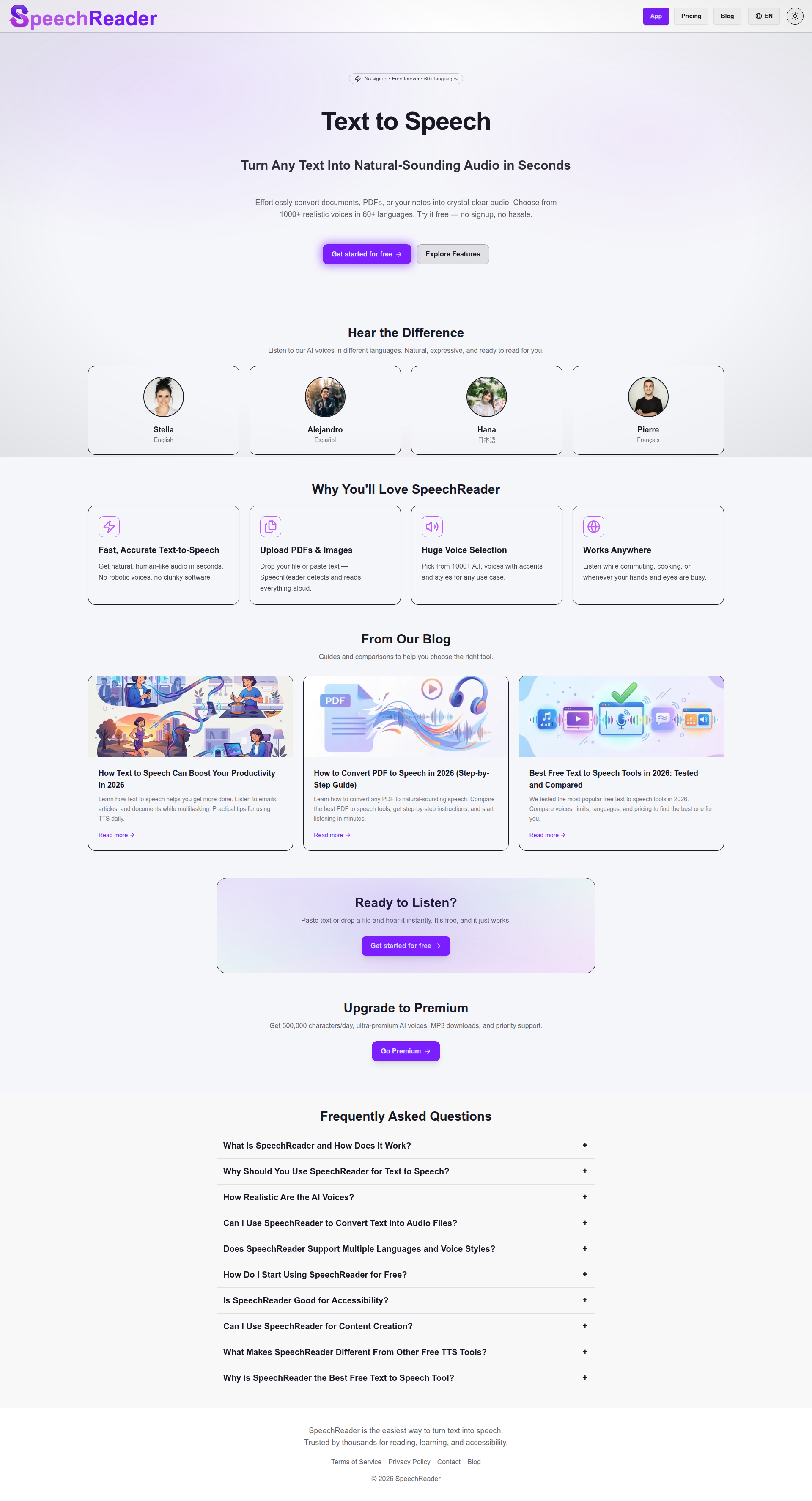 Landing page screenshot for speechreader.io, 1920 by 3548 pixels