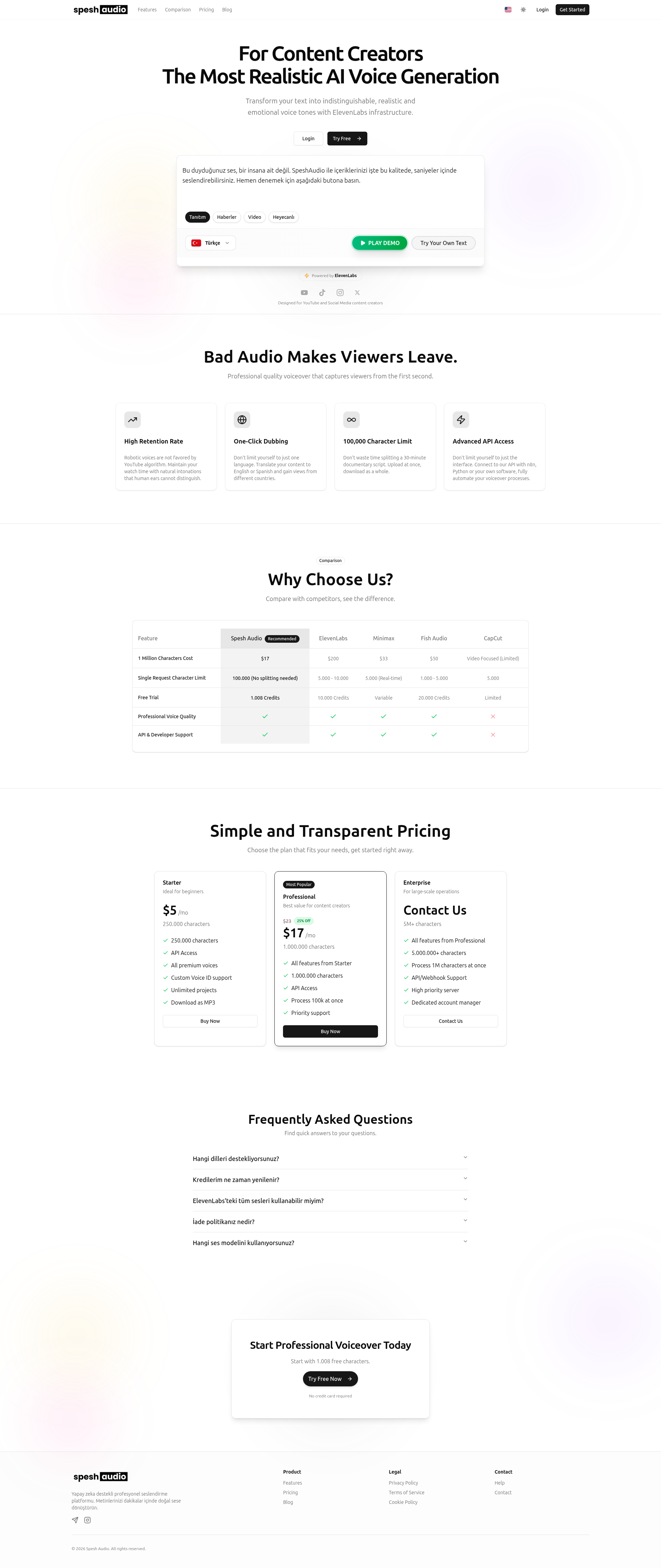 Landing page screenshot for speshaudio.com, 1920 by 4550 pixels