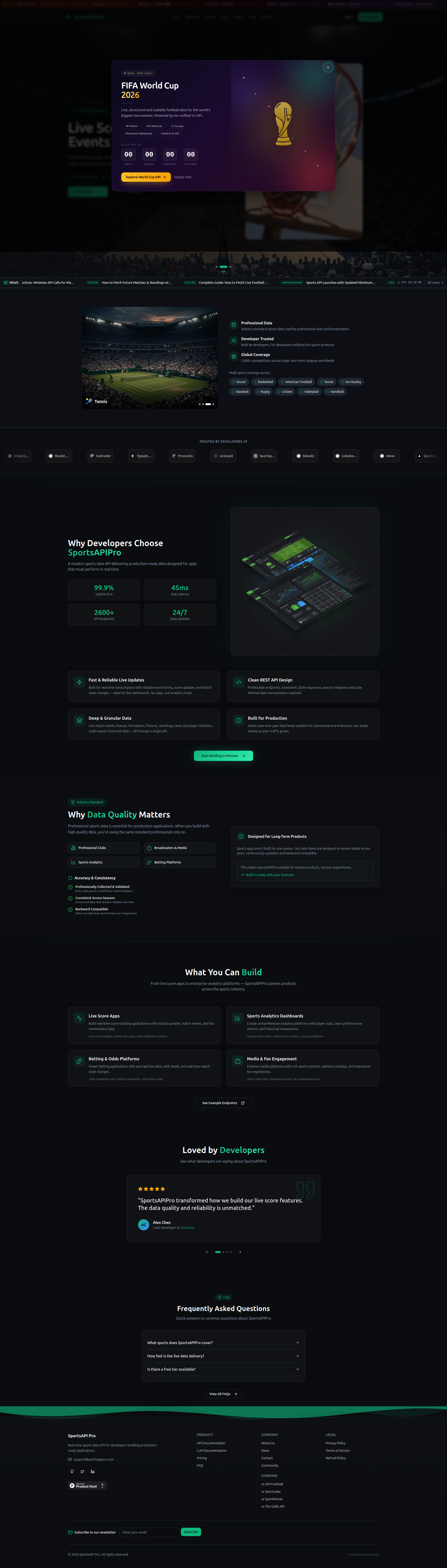 Landing page screenshot for sportsapipro.com, 1920 by 6730 pixels