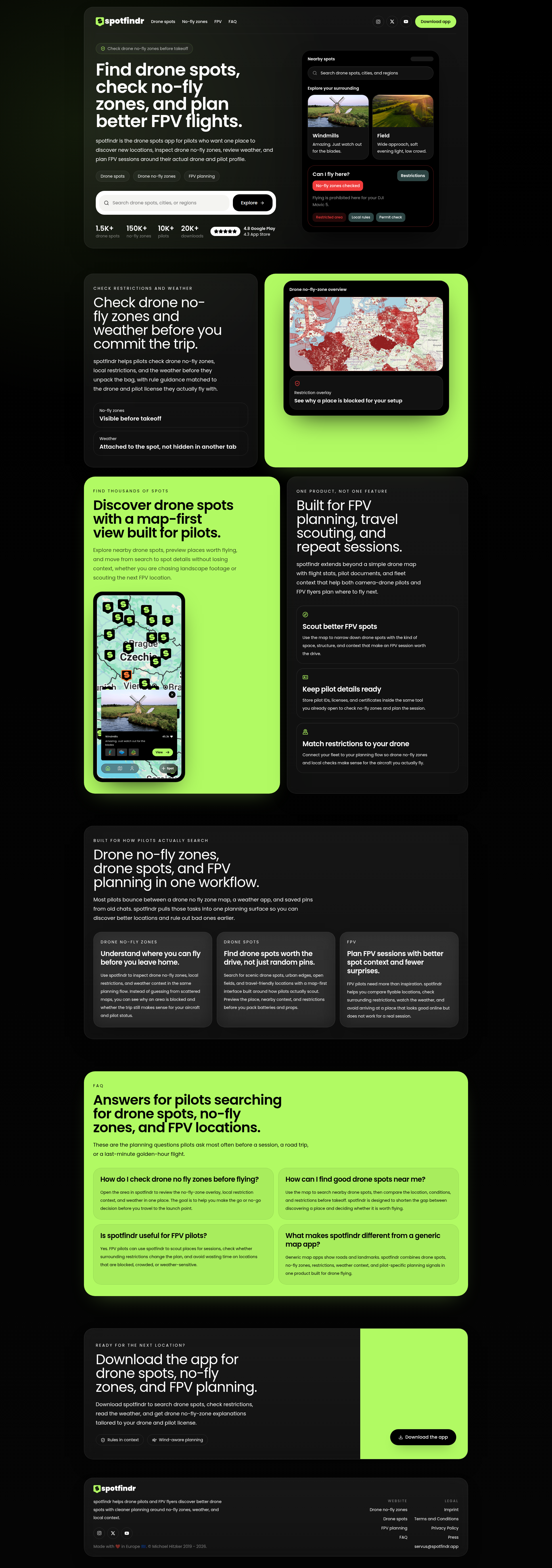 Landing page screenshot for spotfindr.app, 1920 by 5455 pixels