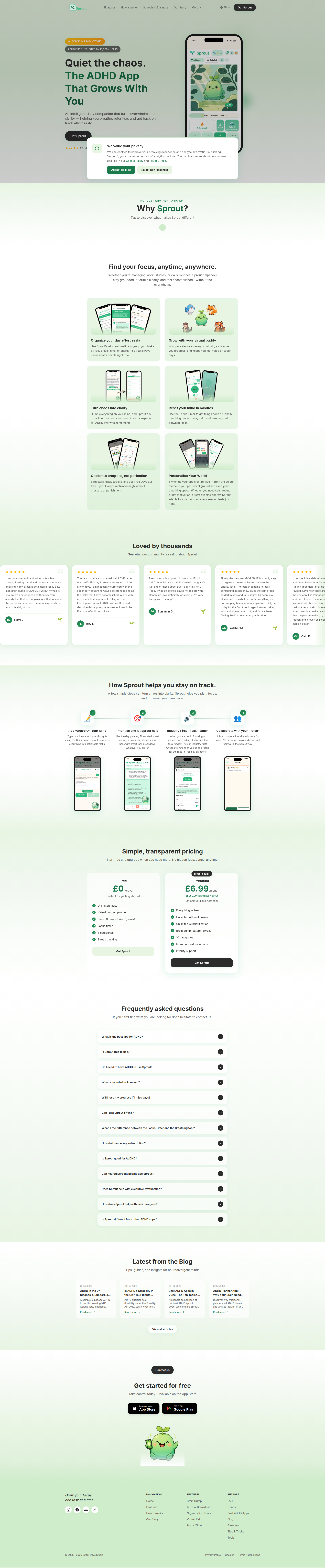 Landing page screenshot for sproutapp.tech, 1920 by 9265 pixels