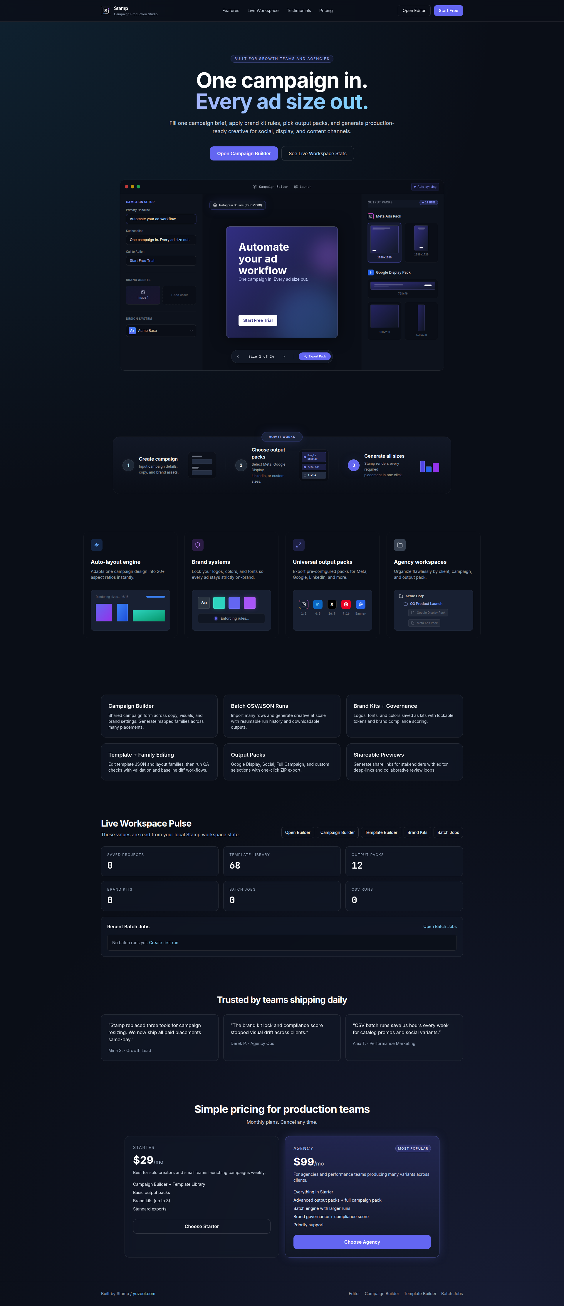 Landing page screenshot for yuzool.com, 1920 by 4443 pixels