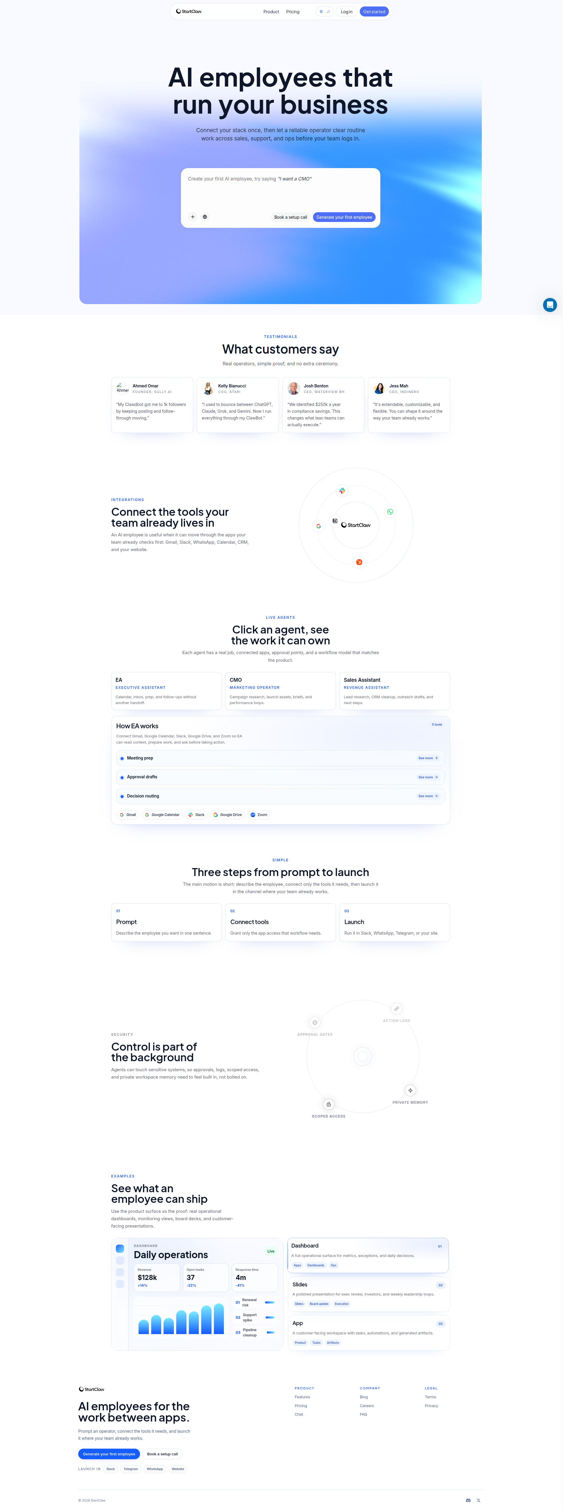 Landing page screenshot for startclaw.com, 1914 by 5133 pixels