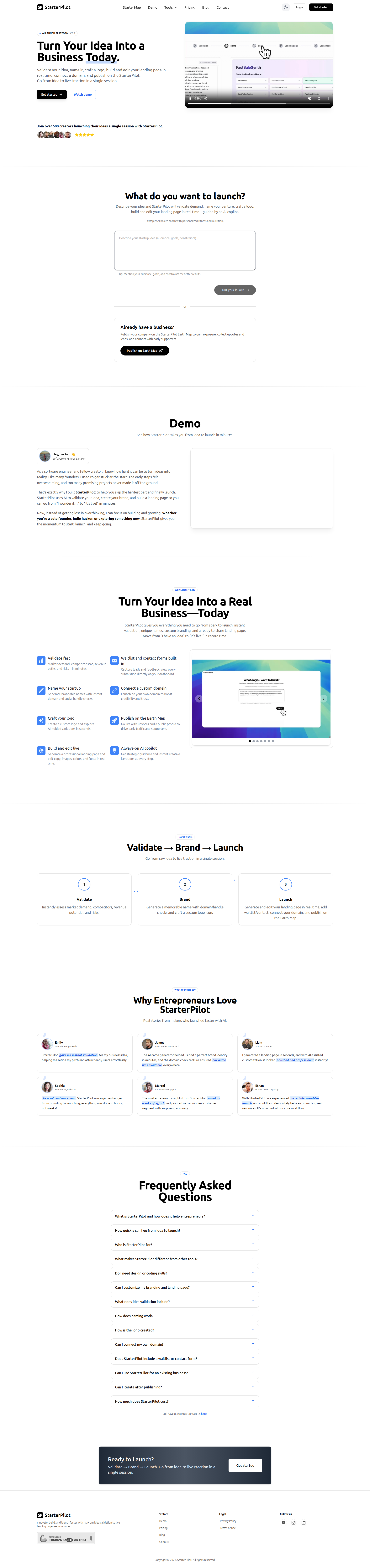 Landing page screenshot for starterpilot.com, 1920 by 8147 pixels