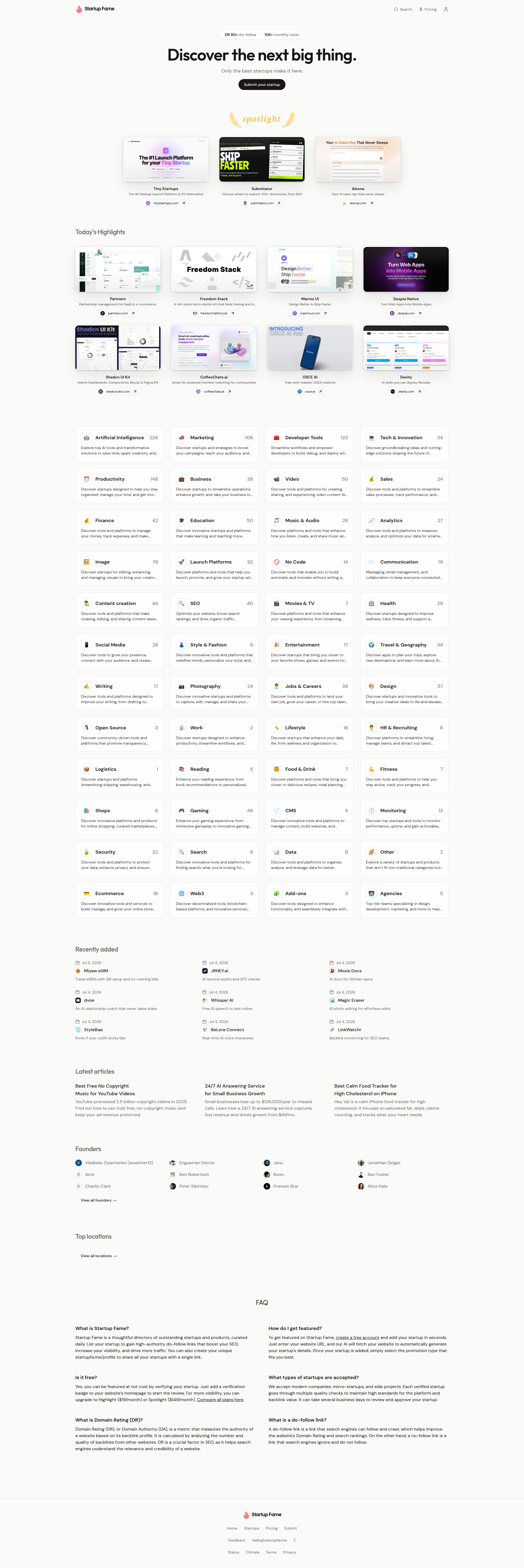 Landing page screenshot for startupfa.me, 1920 by 5751 pixels