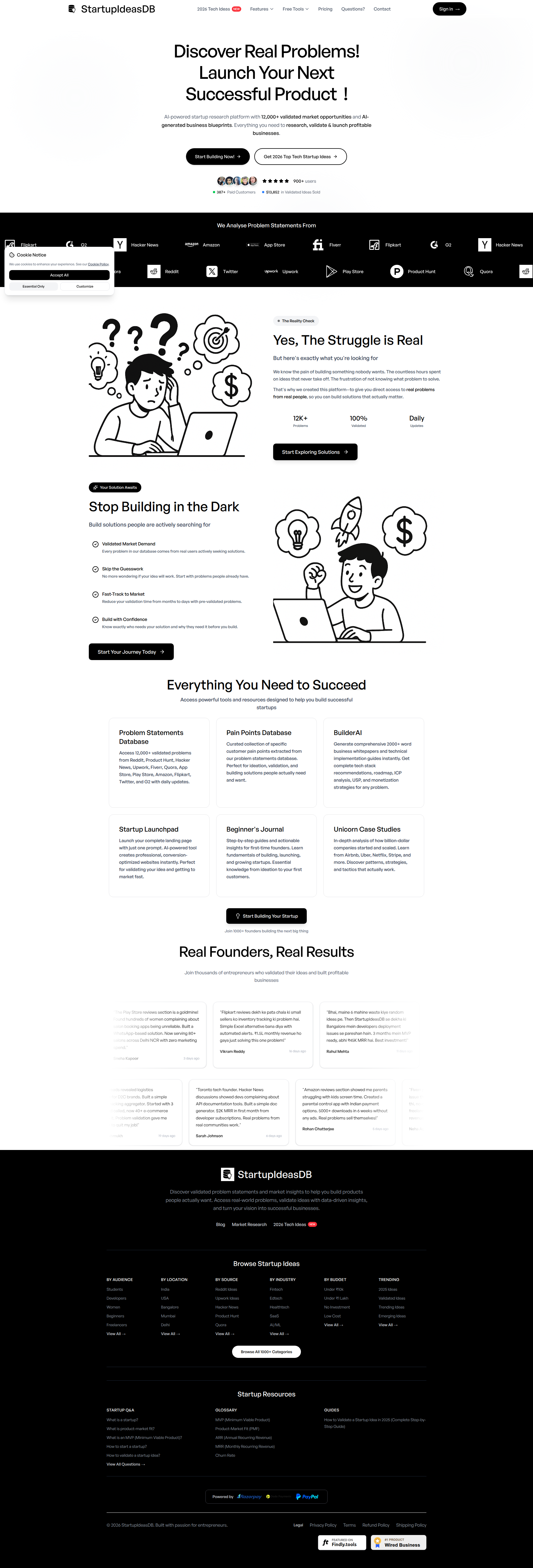 Landing page screenshot for startupideasdb.com, 1920 by 5649 pixels