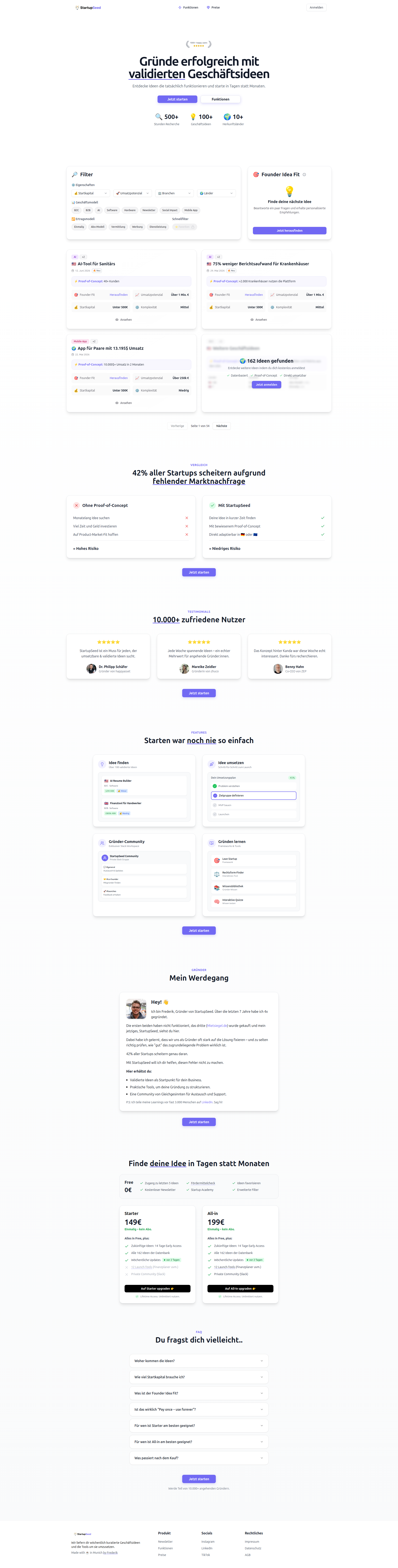 Landing page screenshot for app.startupseed.de, 1920 by 7554 pixels