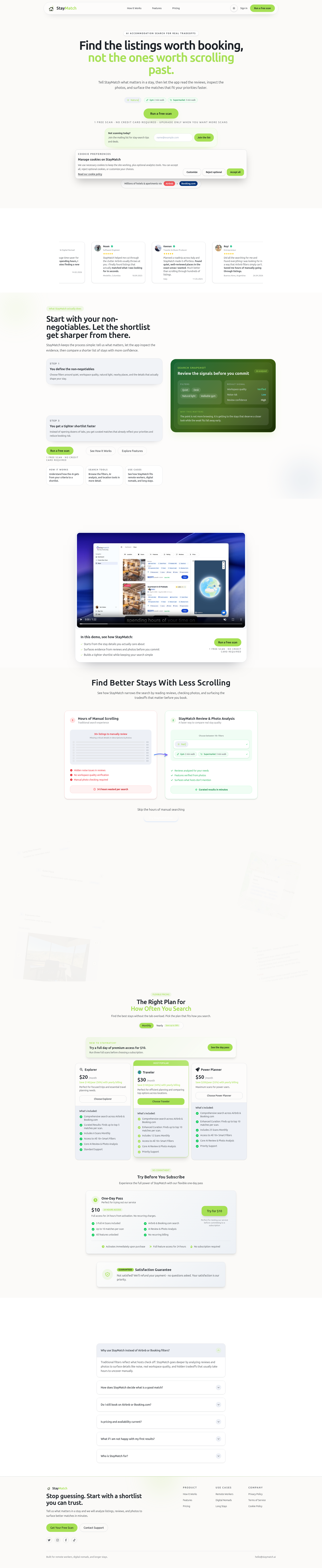 Landing page screenshot for staymatch.ai, 1920 by 9337 pixels
