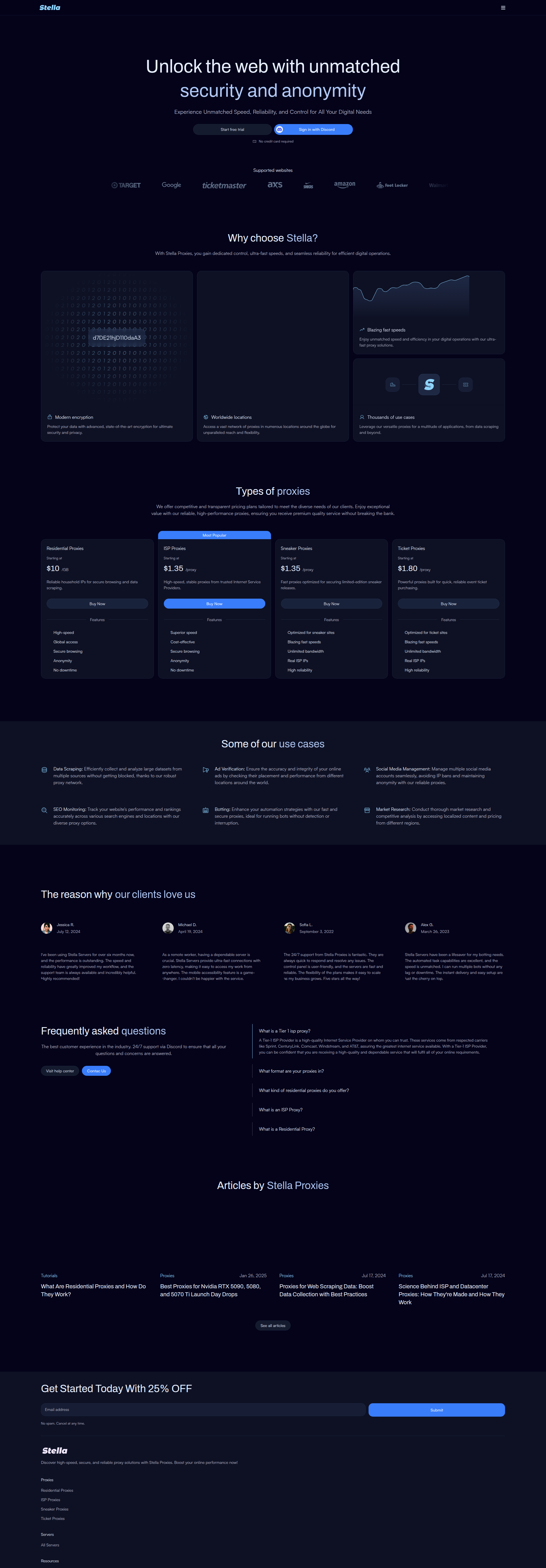 Landing page screenshot for stellaproxies.com, 1920 by 5511 pixels