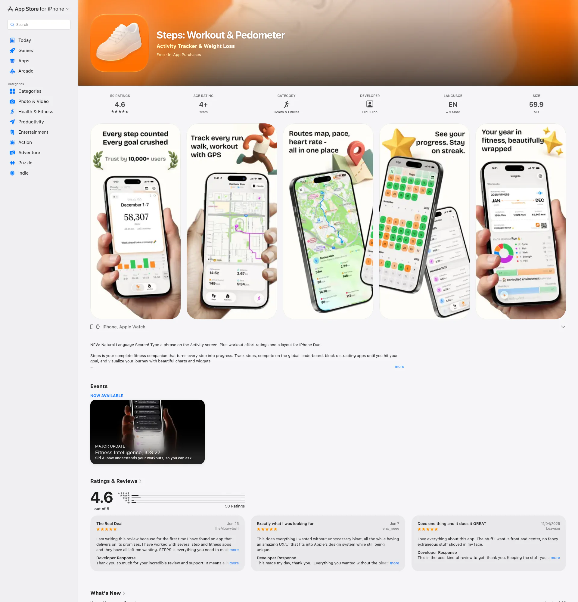 Steps: Workout & Pedometer landing page