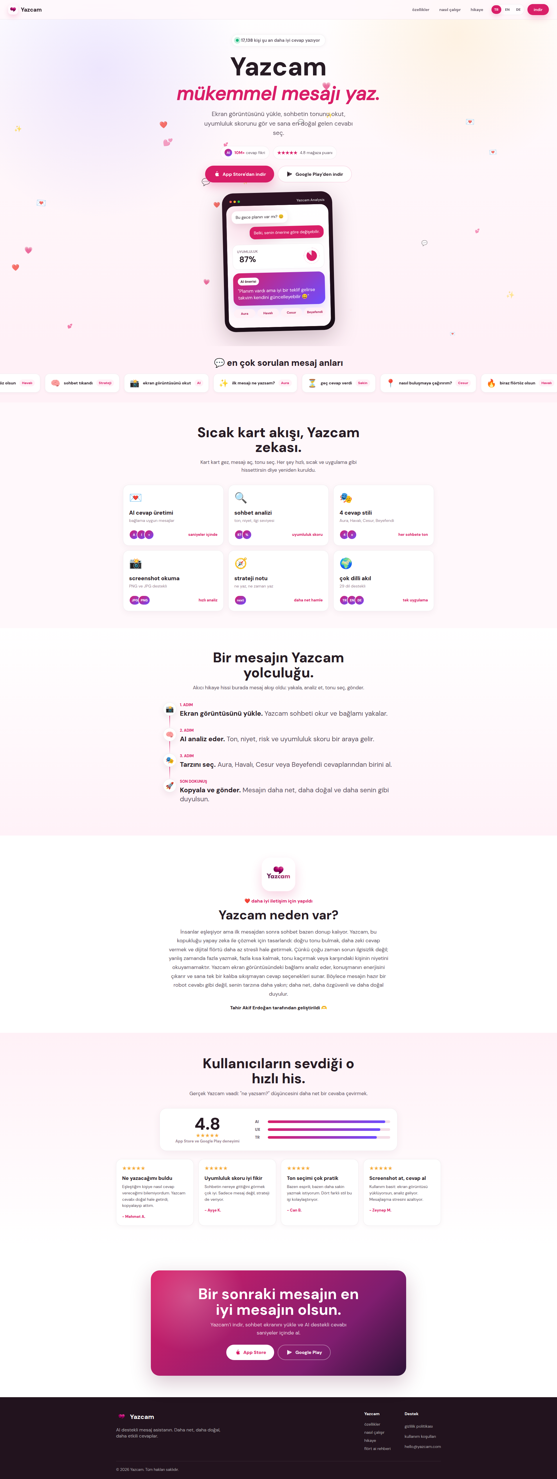 Landing page screenshot for yazcam.com, 1920 by 5098 pixels