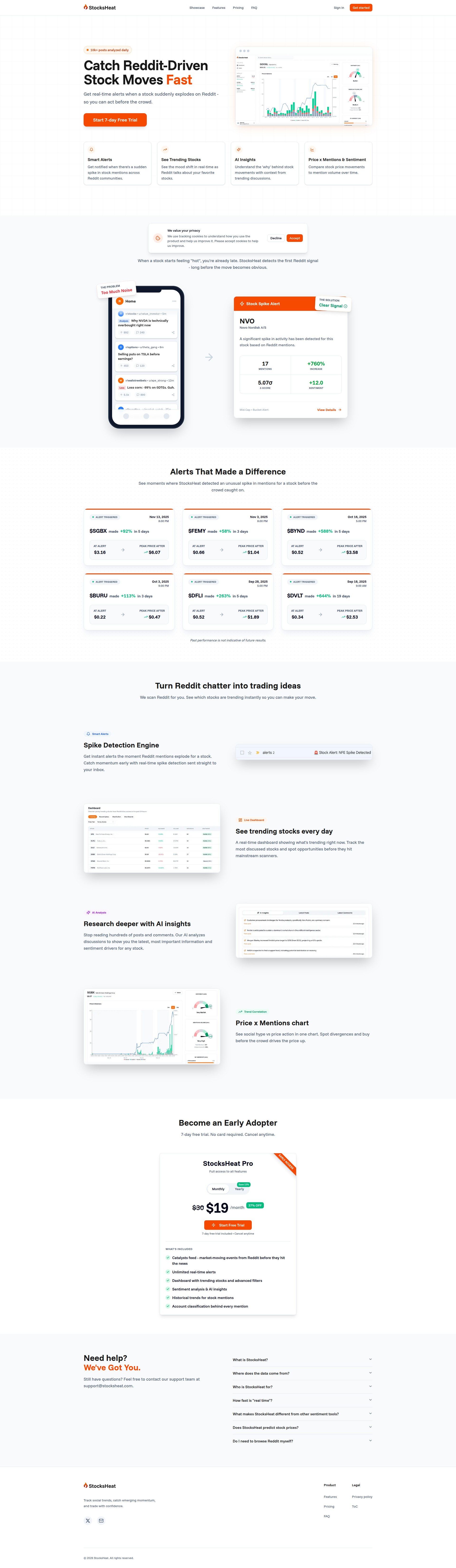 Landing page screenshot for stocksheat.com, 1920 by 6593 pixels