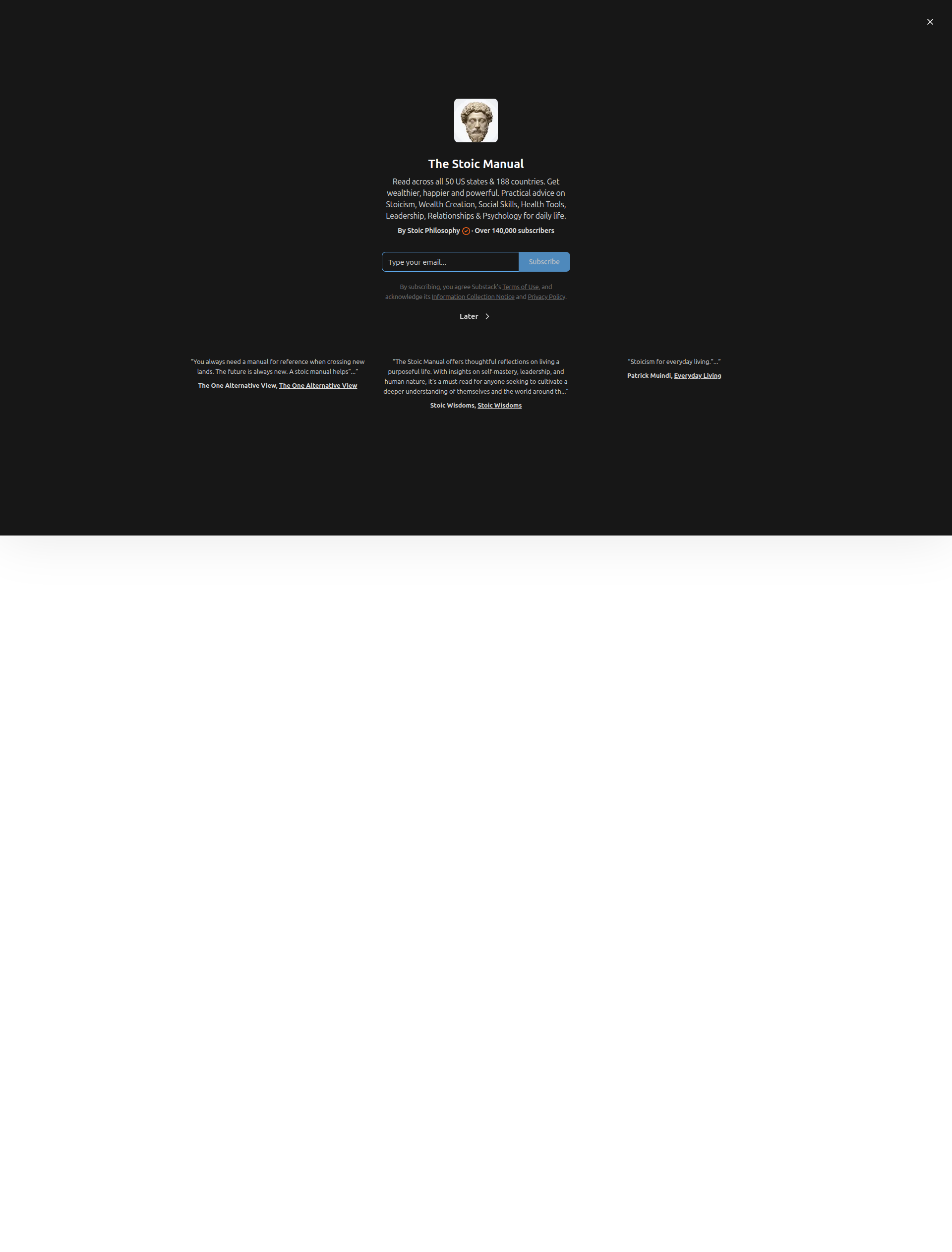 Landing page screenshot for thestoicmanual.com, 1920 by 2525 pixels