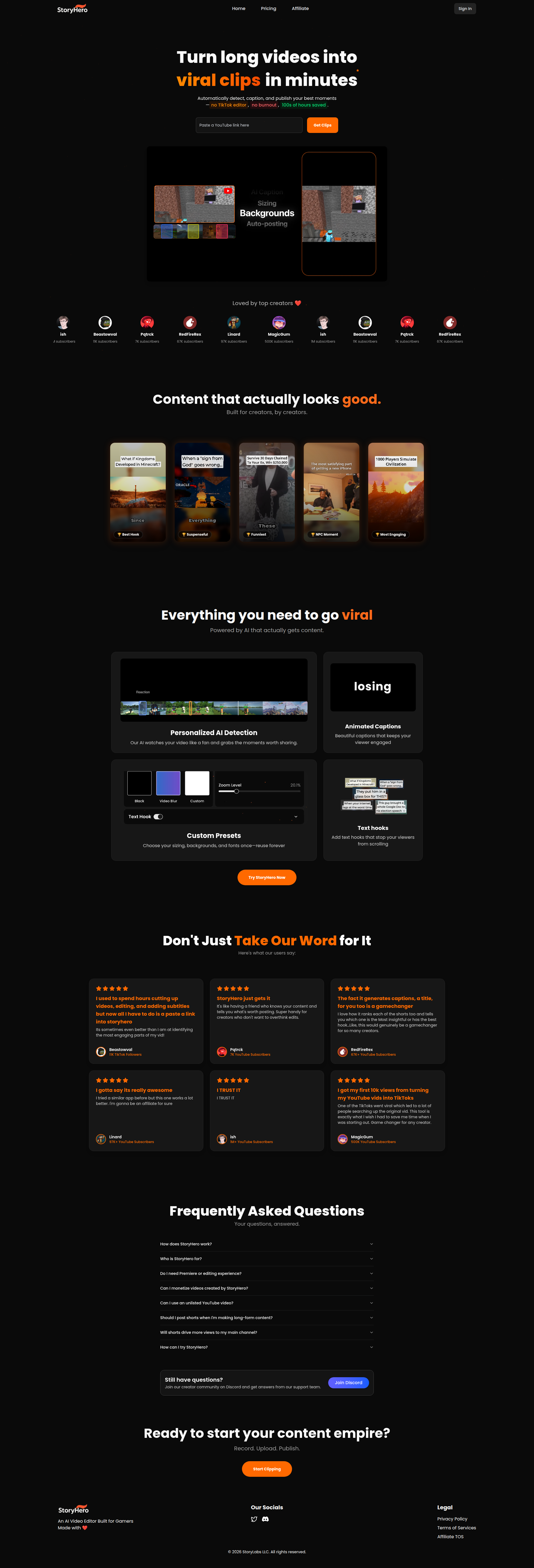 Landing page screenshot for storyhero.gg, 1920 by 5638 pixels