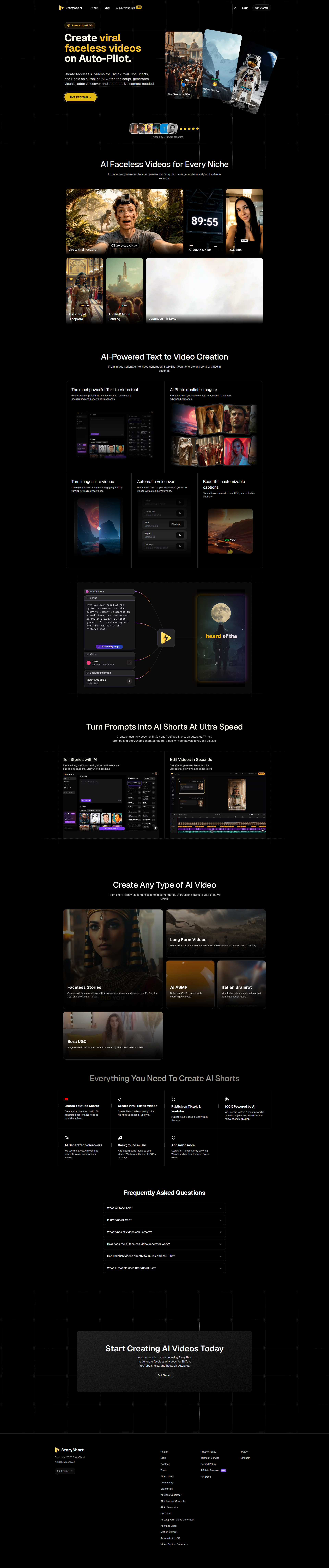Landing page screenshot for storyshort.ai, 1920 by 9141 pixels