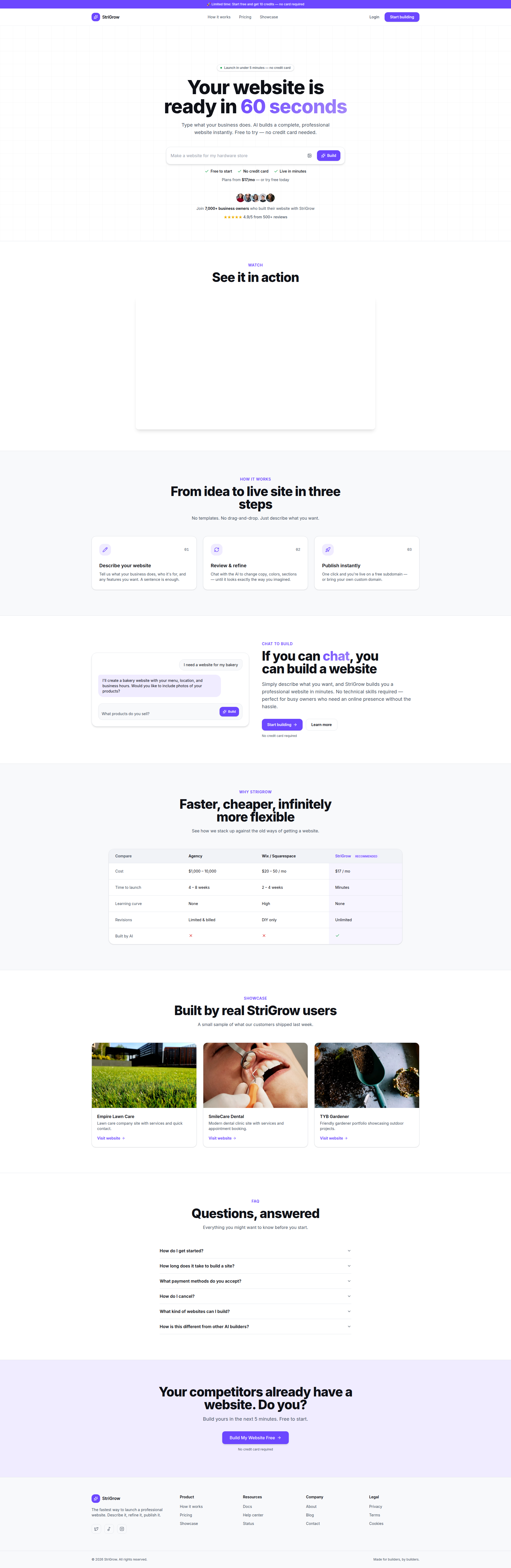 Landing page screenshot for strigrow.com, 1920 by 5896 pixels