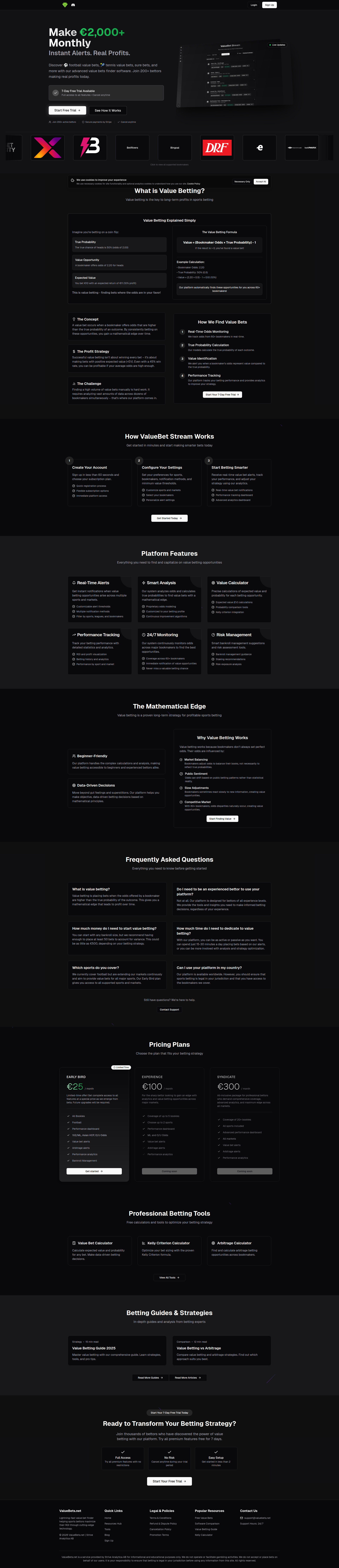 Landing page screenshot for valuebets.net, 1920 by 8865 pixels