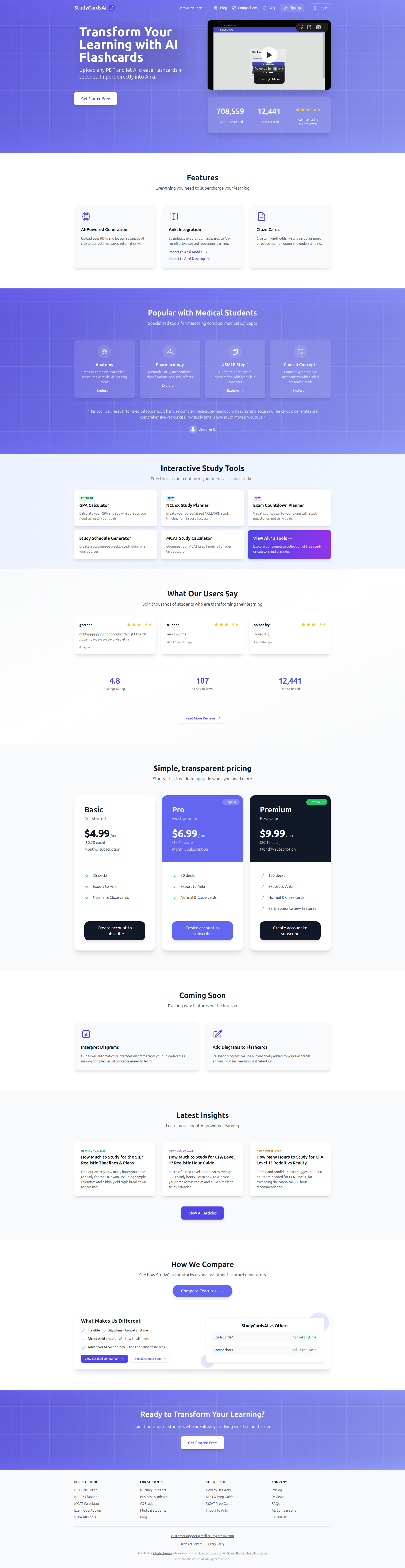 Landing page screenshot for studycardsai.com, 1920 by 7425 pixels