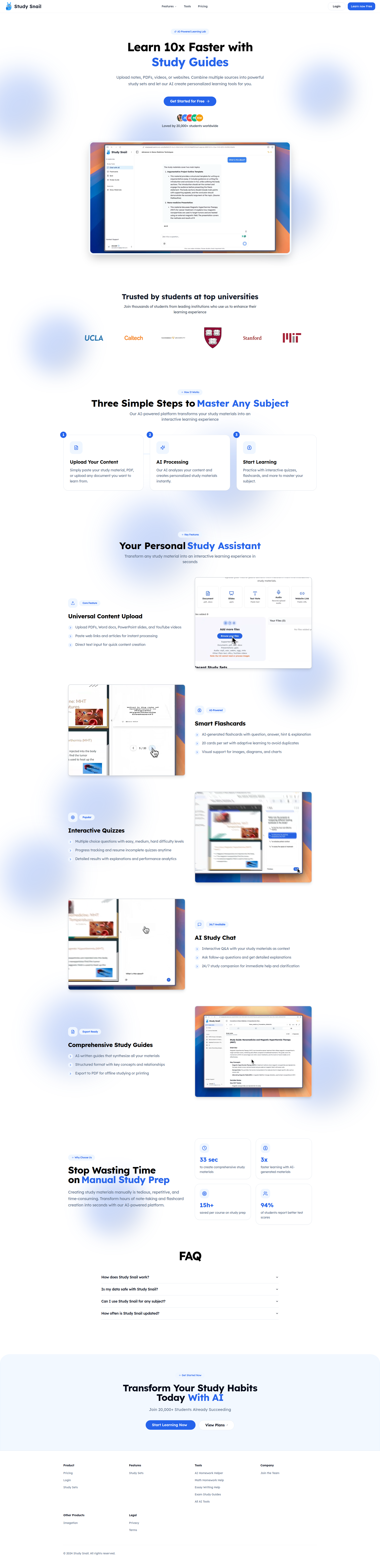 Landing page screenshot for studysnail.com, 1920 by 7927 pixels